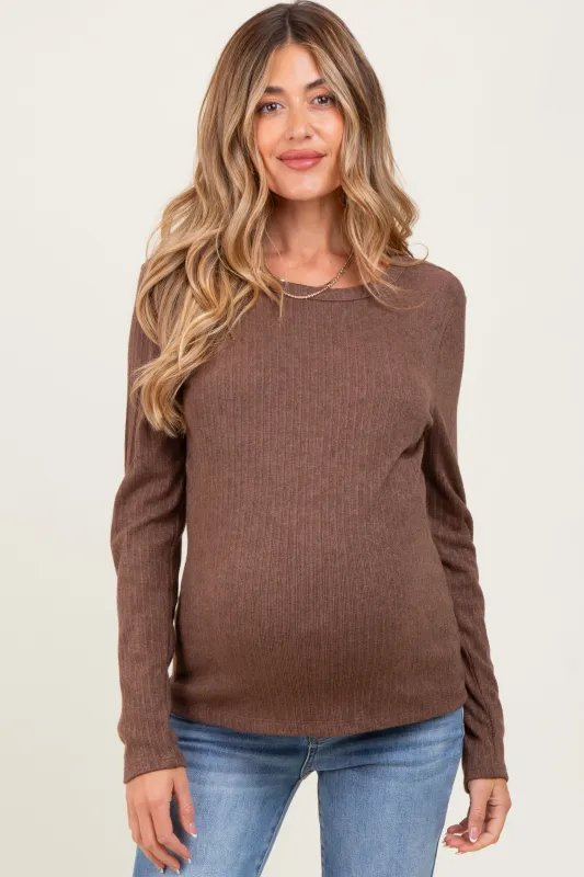 Brown Ribbed Knit Maternity Long Sleeve Top sold by Pinkblush