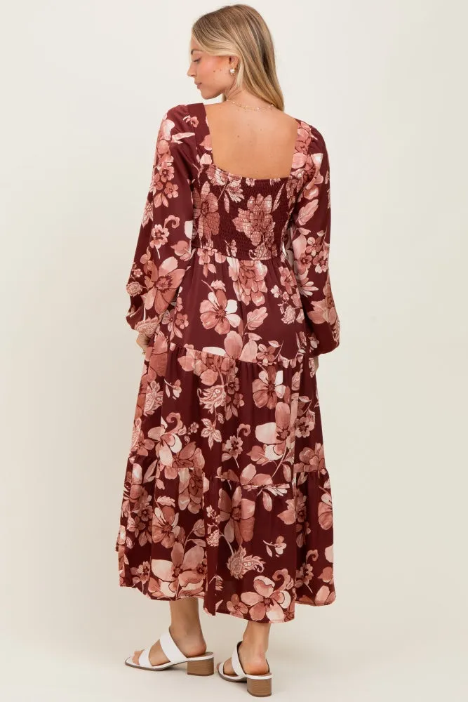 Burgundy Floral Smocked Long Sleeve Midi Dress sold by Pinkblush product image thumbnail 4