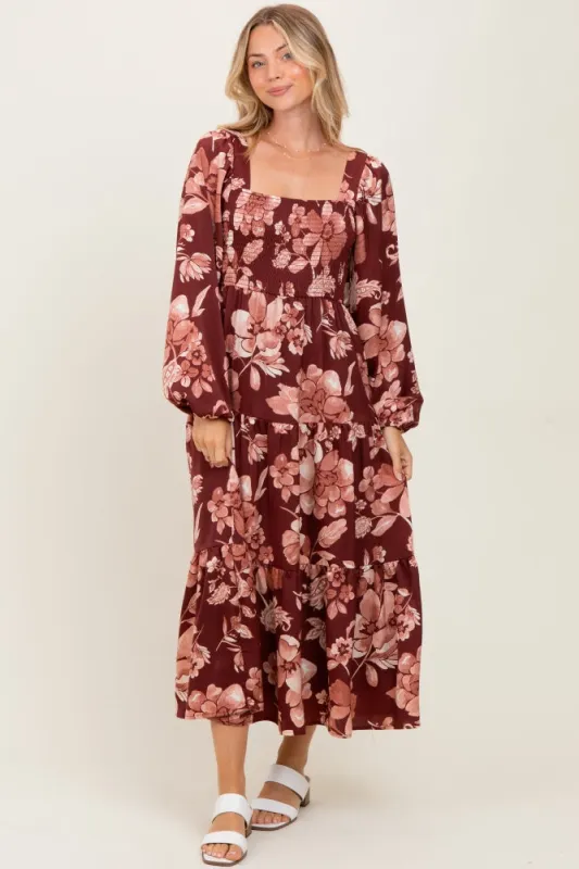 Burgundy Floral Smocked Long Sleeve Midi Dress sold by Pinkblush