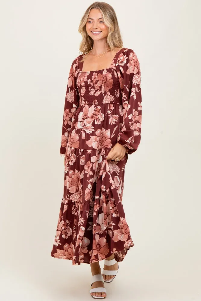 Burgundy Floral Smocked Long Sleeve Midi Dress sold by Pinkblush product image thumbnail 2