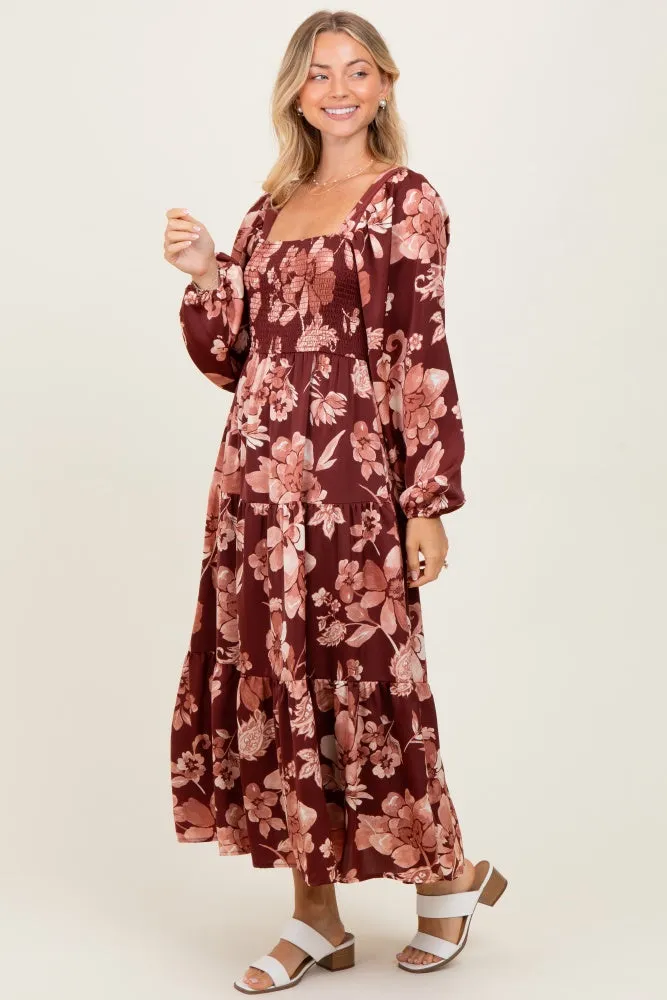 Burgundy Floral Smocked Long Sleeve Midi Dress sold by Pinkblush product image thumbnail 3
