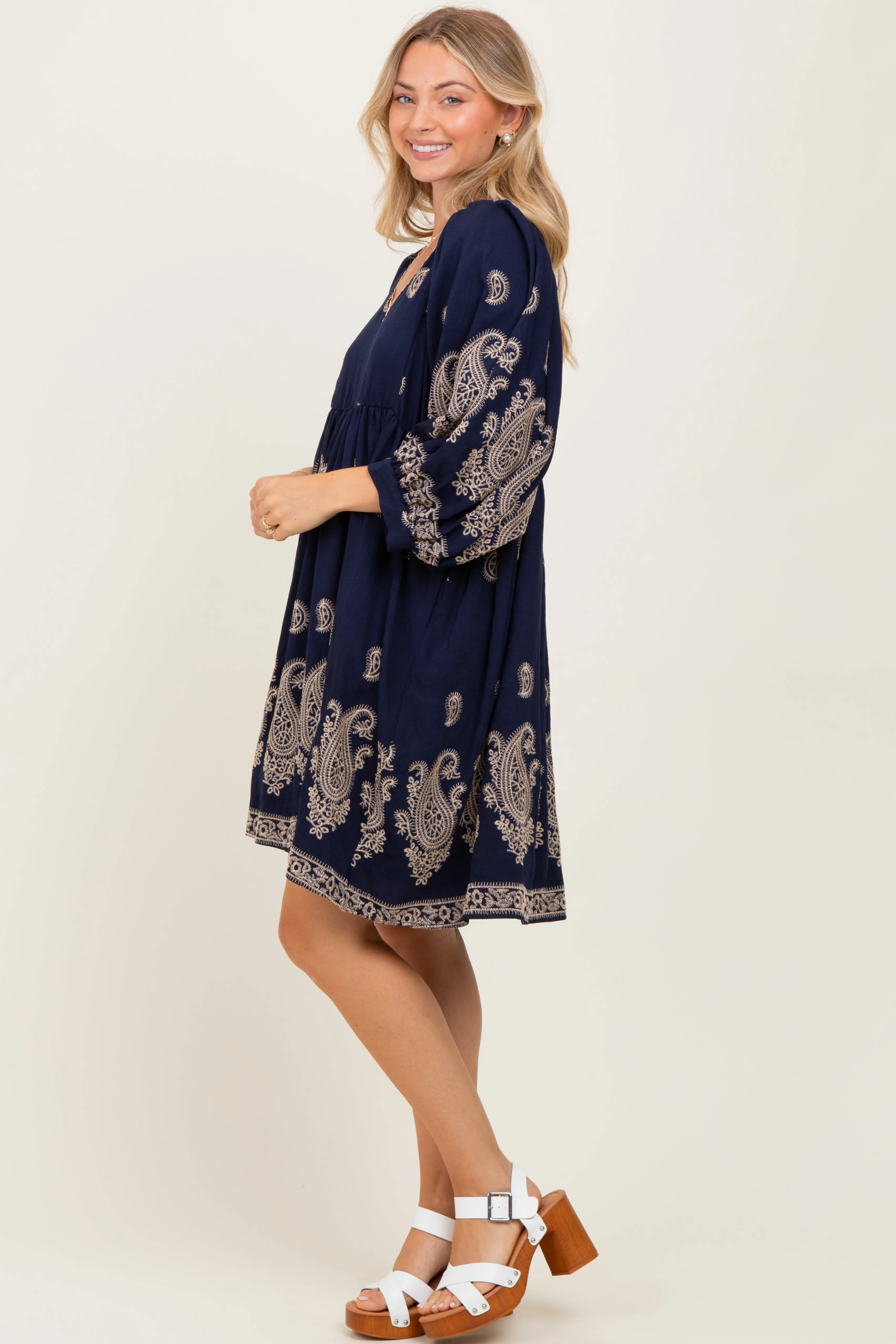 Navy Paisley Embroidered Bubble Sleeve Dress sold by Pinkblush product image thumbnail 3