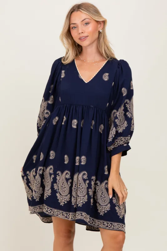 Navy Paisley Embroidered Bubble Sleeve Dress sold by Pinkblush