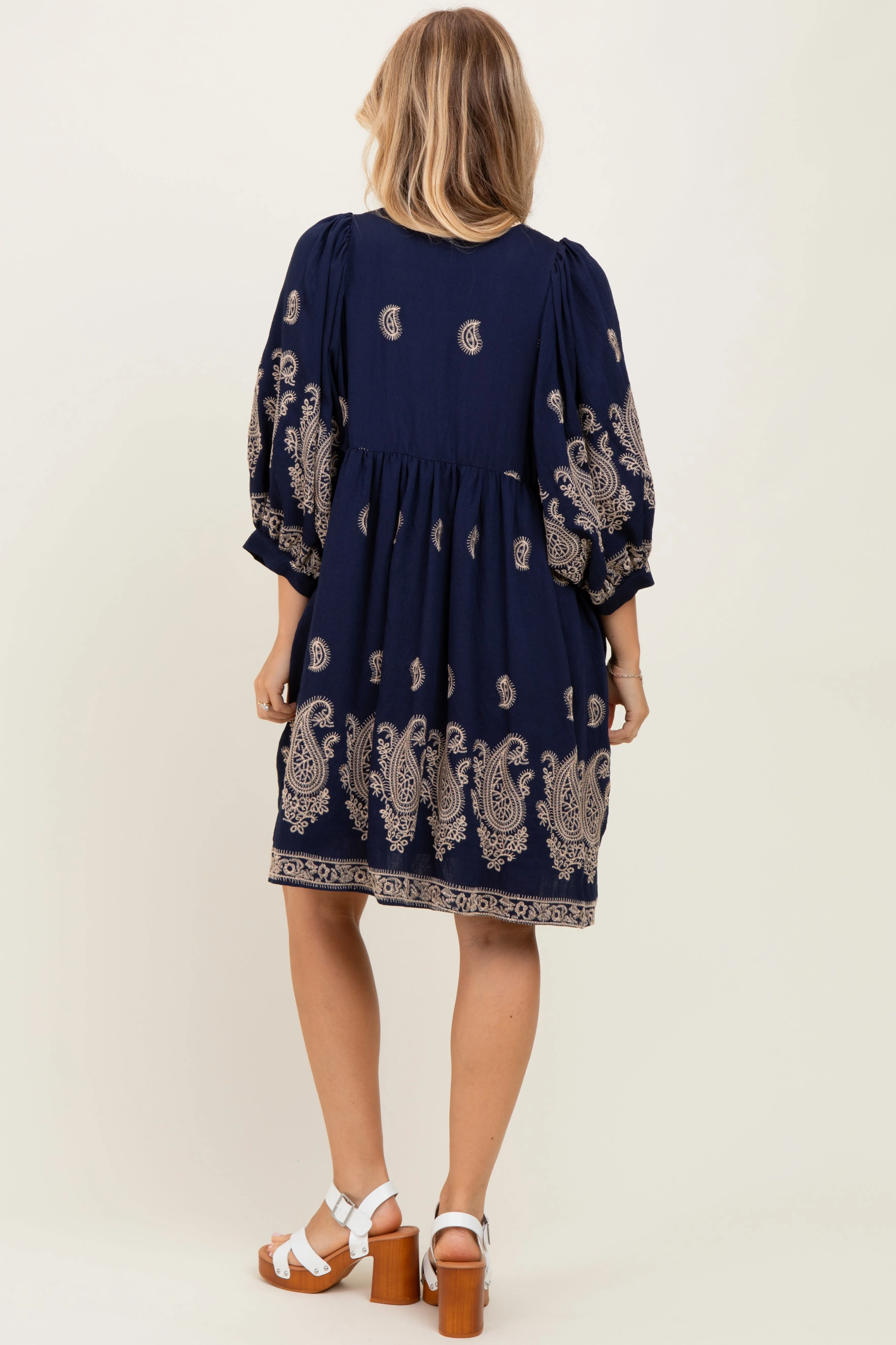 Navy Paisley Embroidered Bubble Sleeve Dress sold by Pinkblush product image thumbnail 4