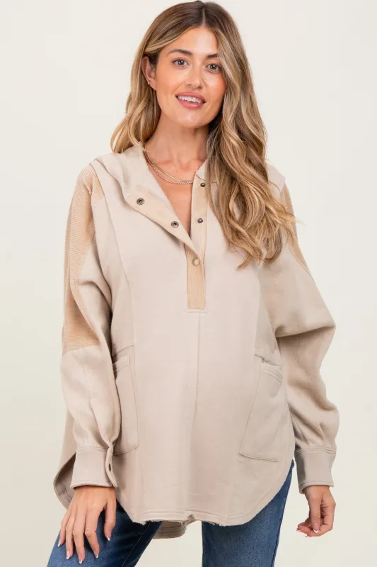 Beige Corduroy Contrast Oversized Maternity Hoodie sold by Pinkblush