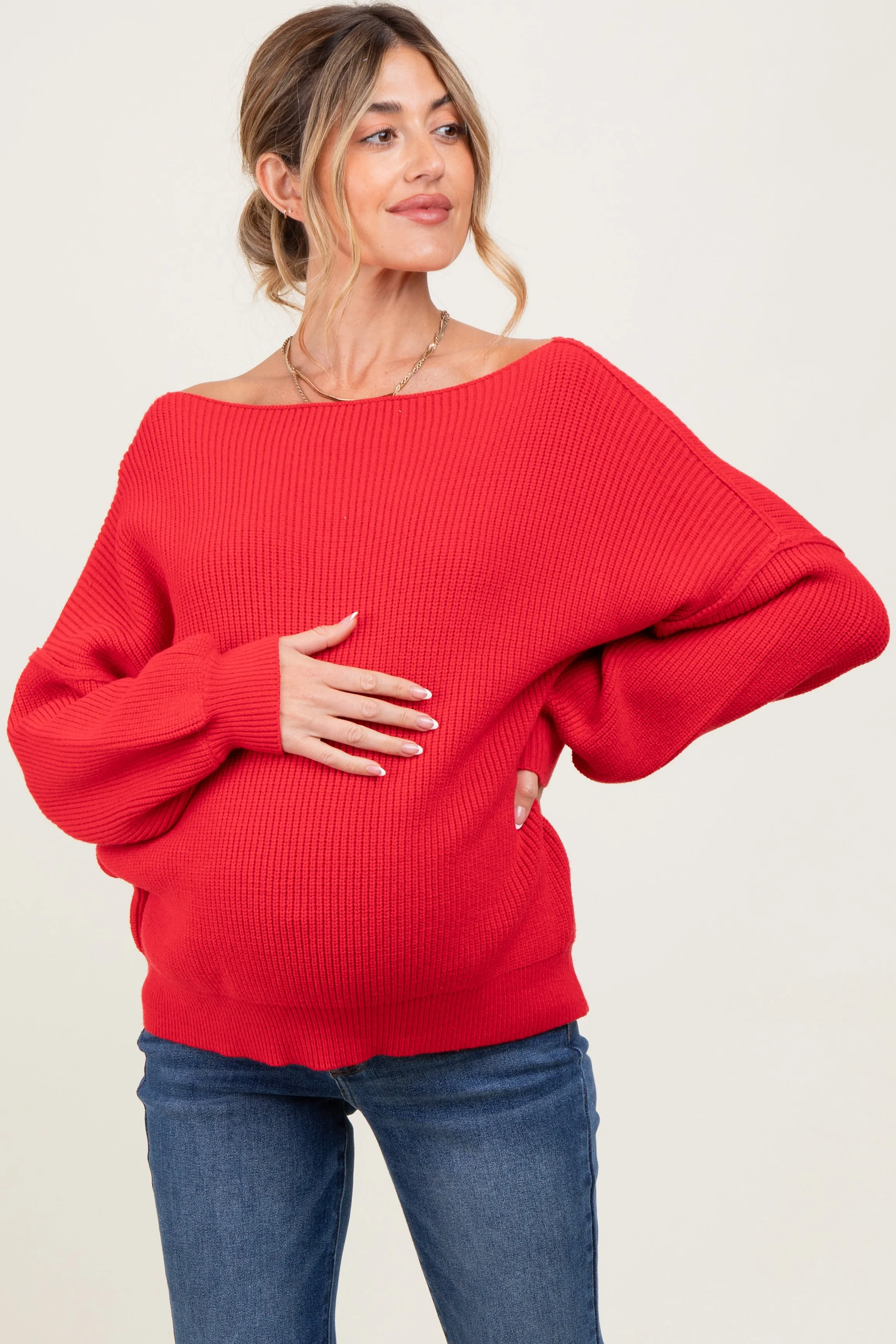 Red Balloon Sleeve Boat Neck Knit Maternity Sweater sold by Pinkblush product image thumbnail 2