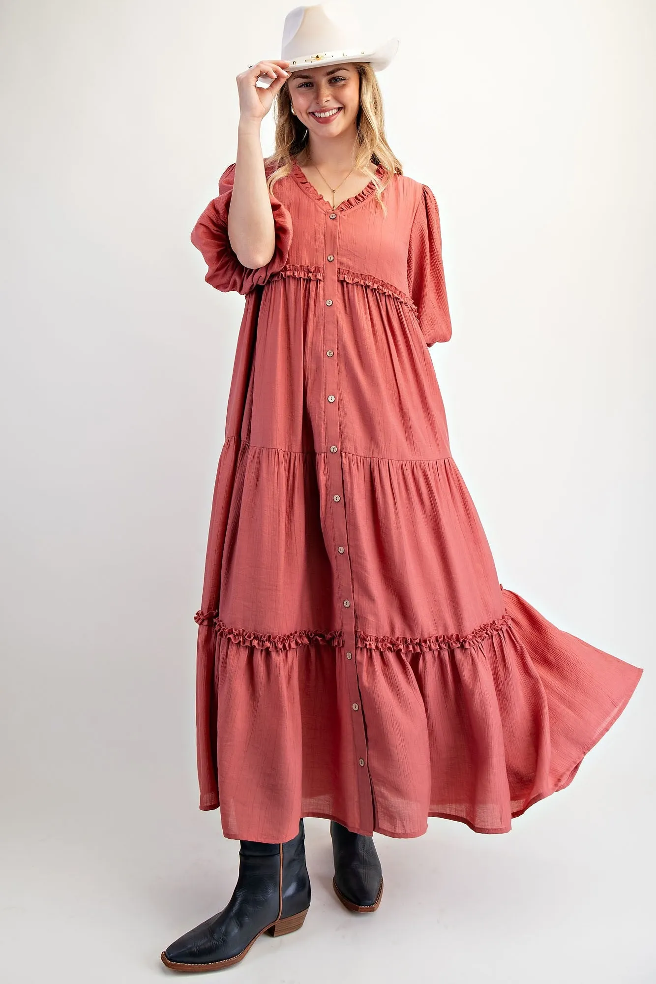 Cinnamon Puff Short Sleeve Crepe Tiered Maxi Dress sold by Pinkblush