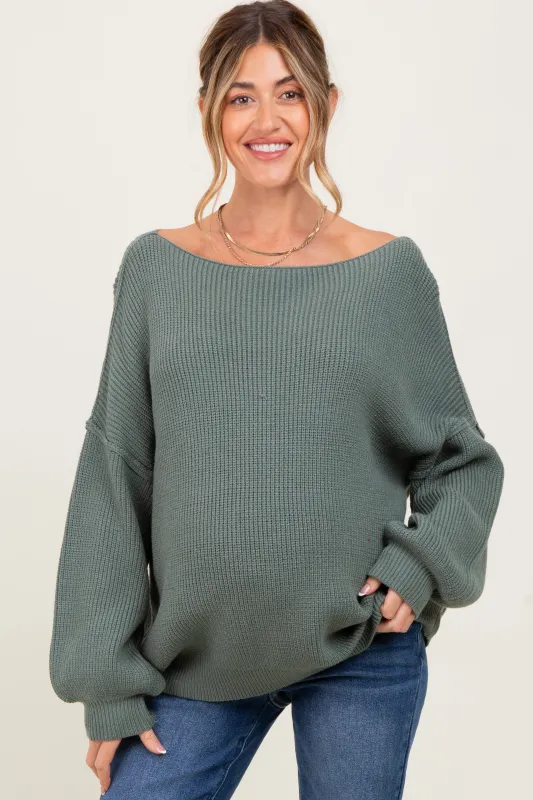 Olive Balloon Sleeve Boat Neck Knit Maternity Sweater sold by Pinkblush