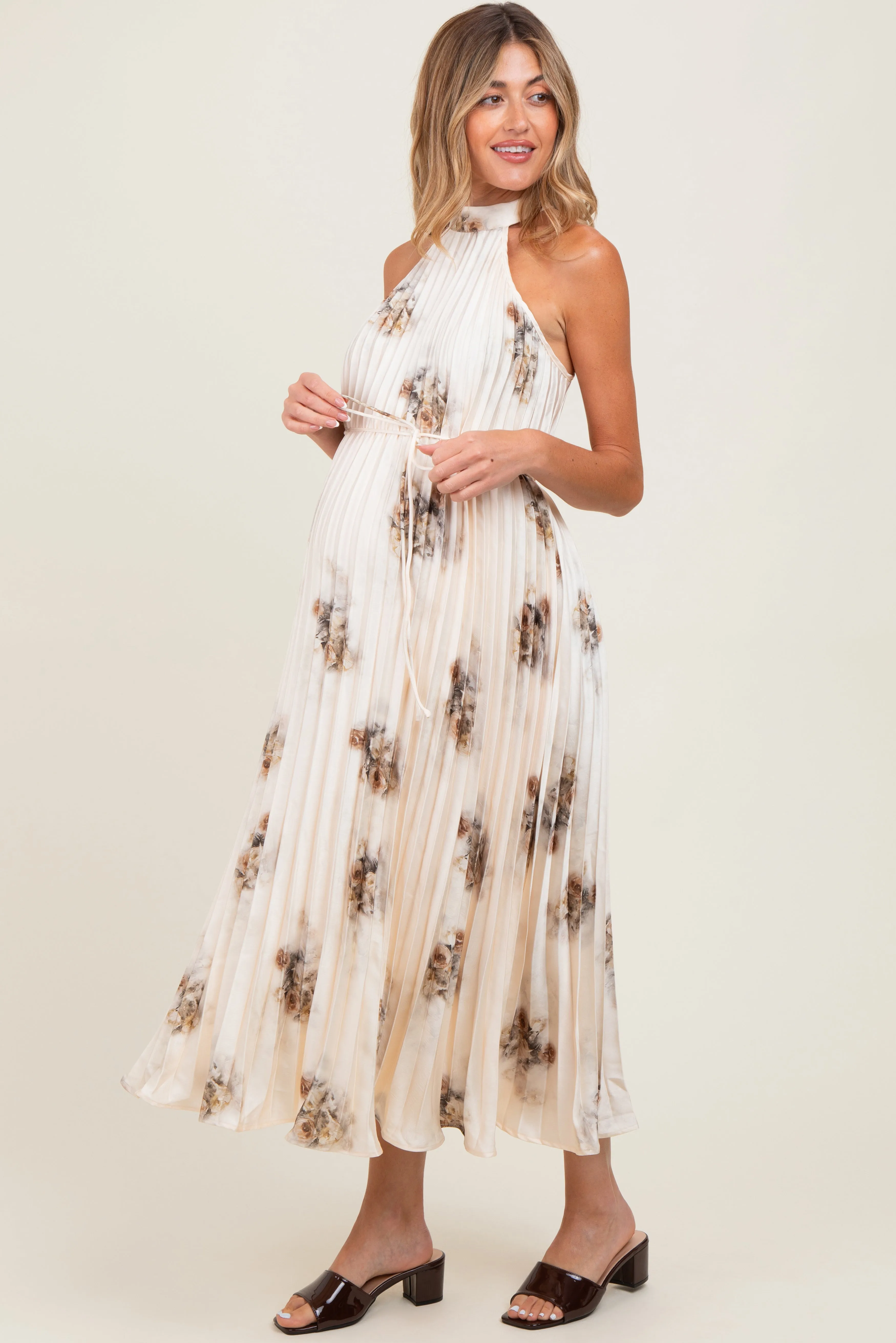 Cream Printed Pleated Maternity Halter Dress sold by Pinkblush product image thumbnail 3