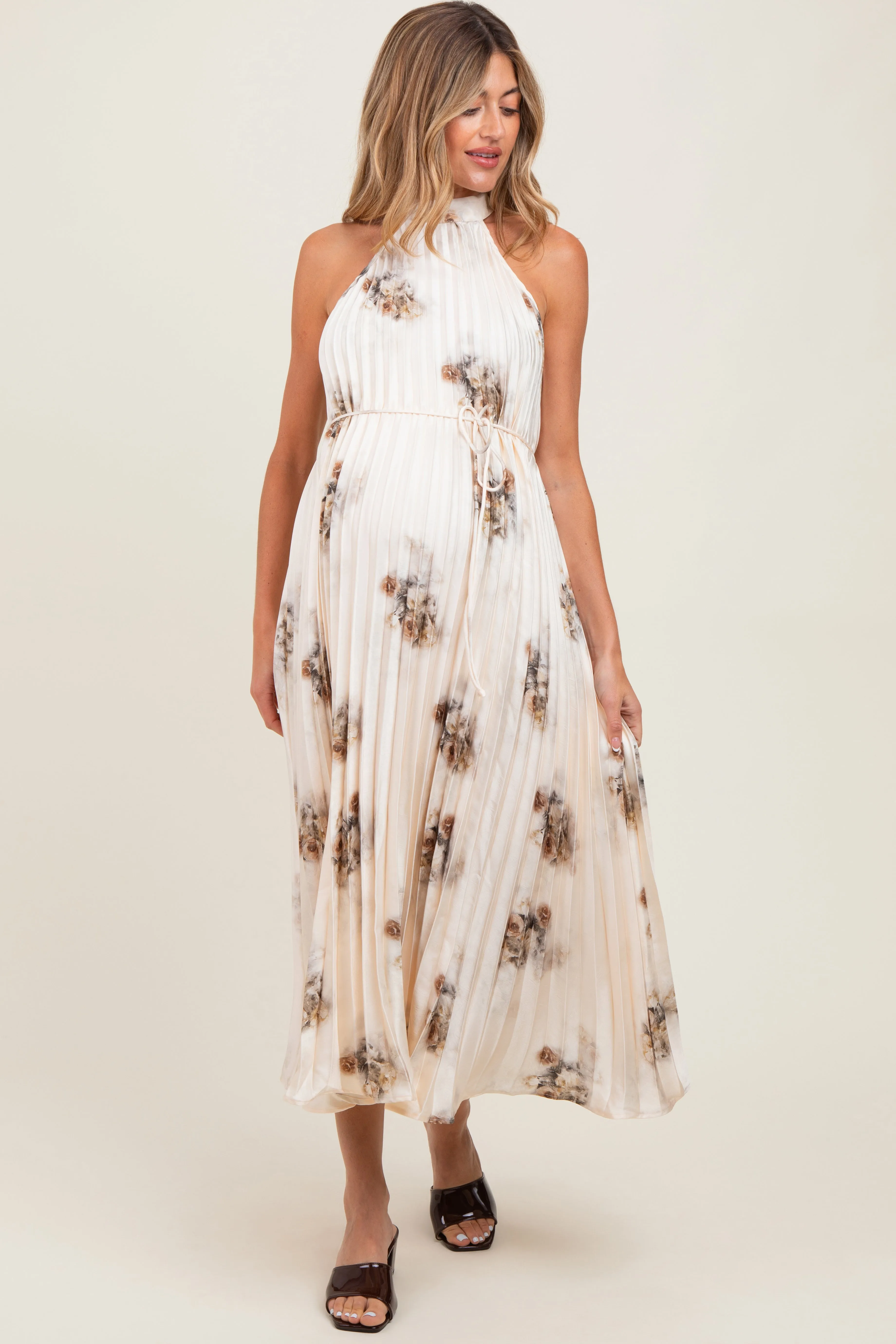 Cream Printed Pleated Maternity Halter Dress sold by Pinkblush