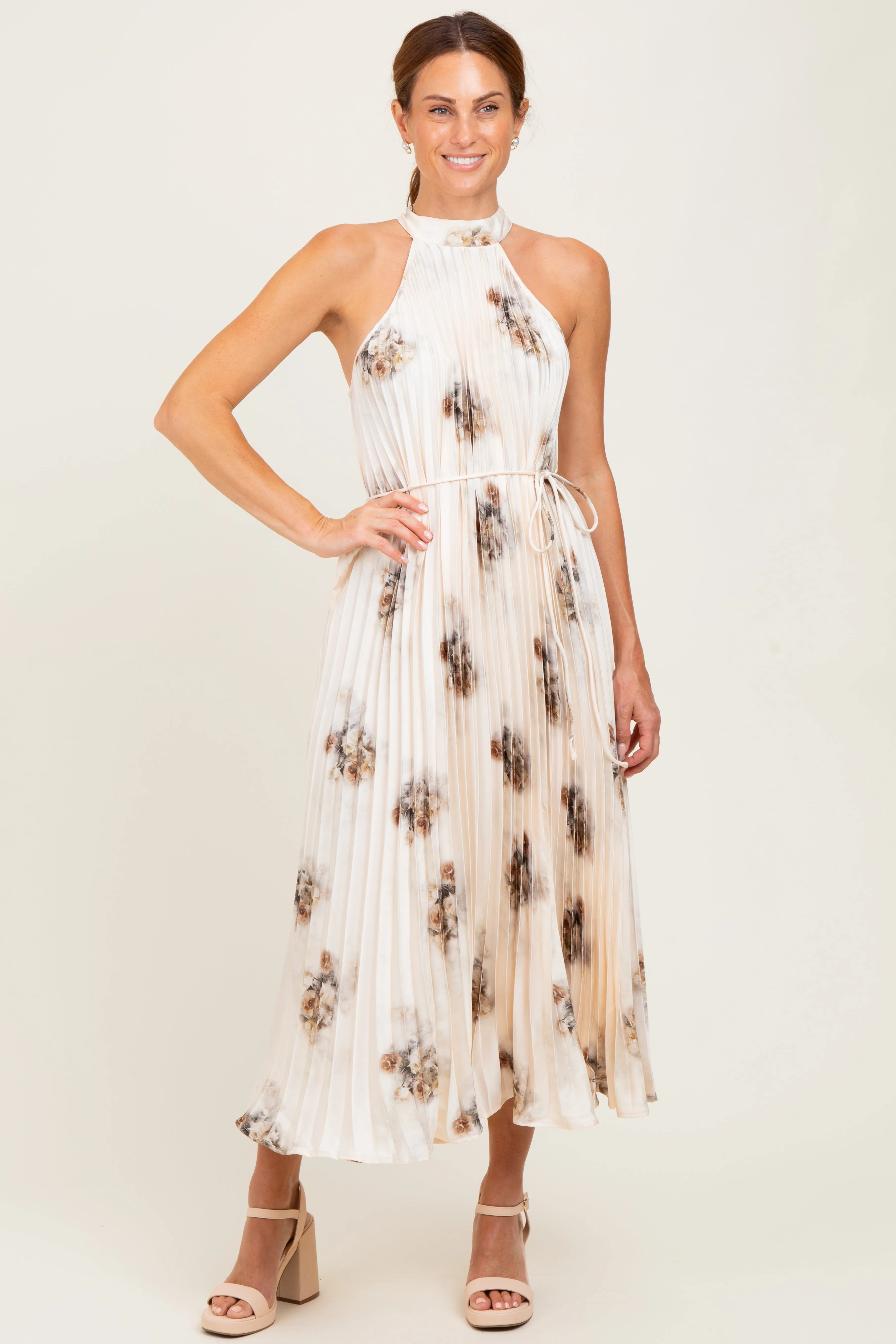 Cream Printed Pleated Maternity Halter Dress sold by Pinkblush product image thumbnail 5