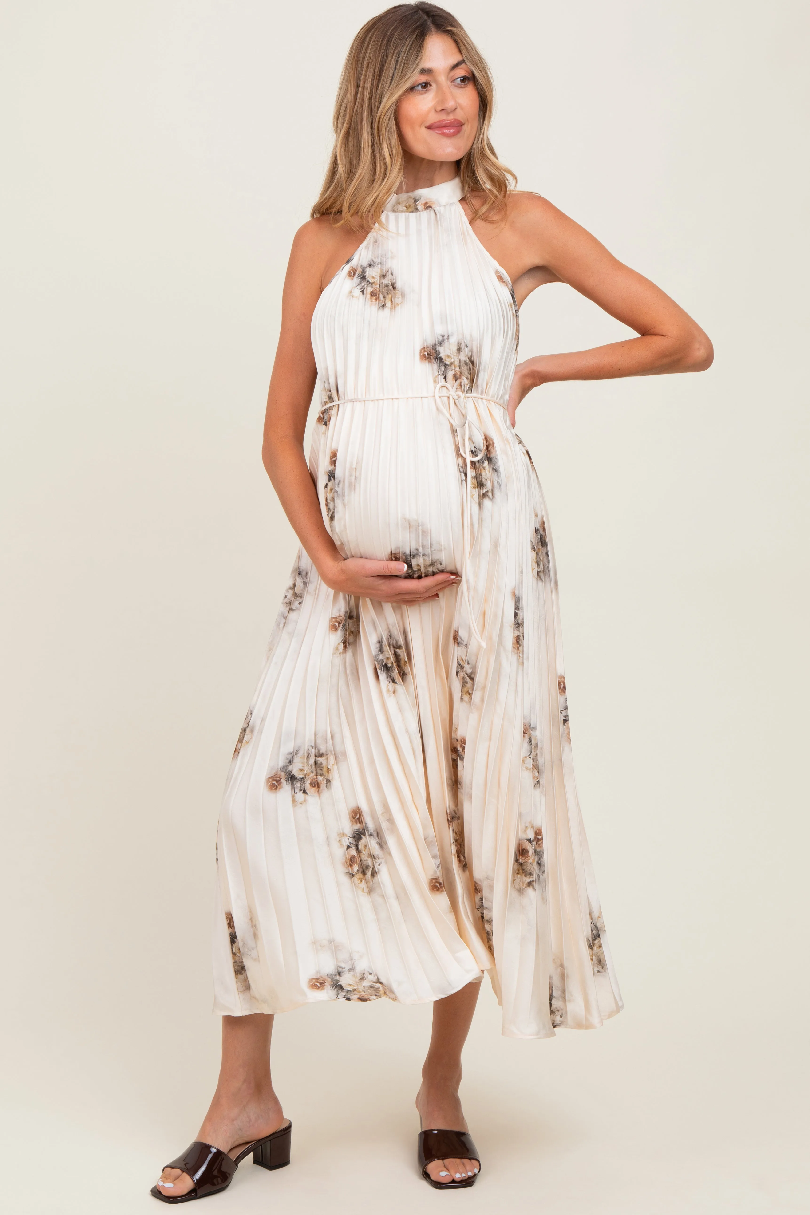 Cream Printed Pleated Maternity Halter Dress sold by Pinkblush product image thumbnail 2