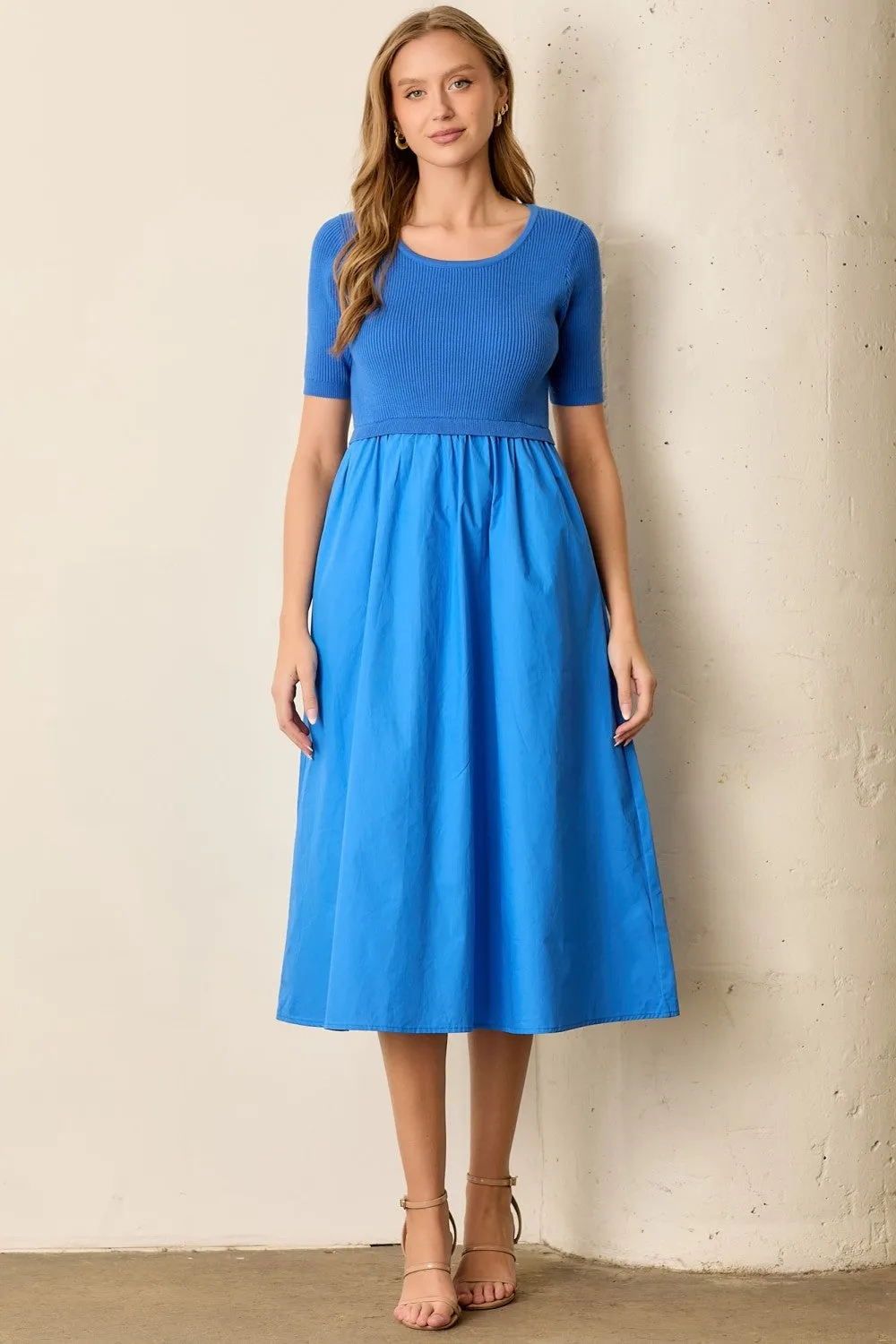 Blue Contrast Knit Top Midi Dress sold by Pinkblush