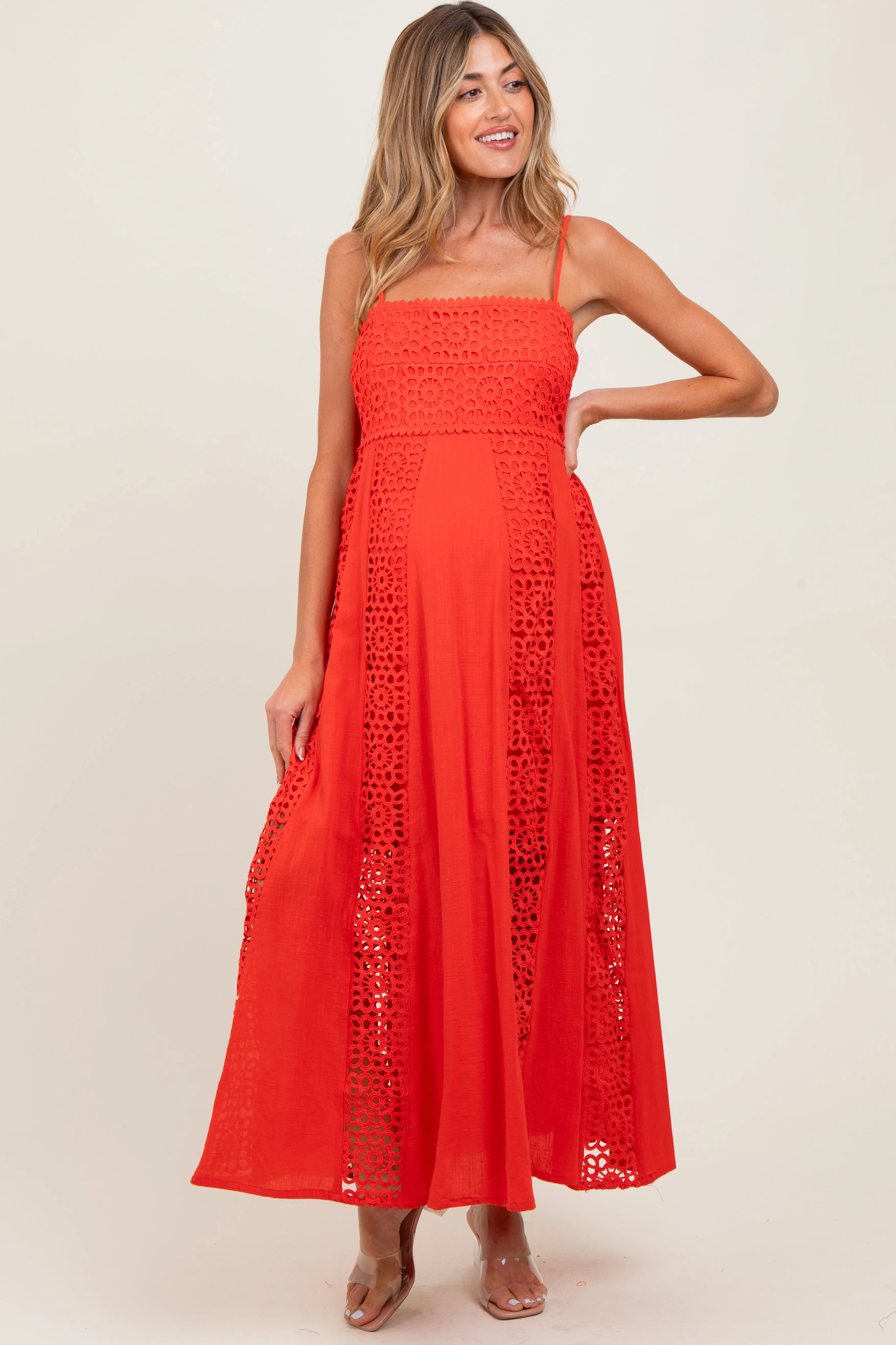Coral Red Crochet Lace Paneled Maternity Maxi Dress sold by Pinkblush product image thumbnail 2