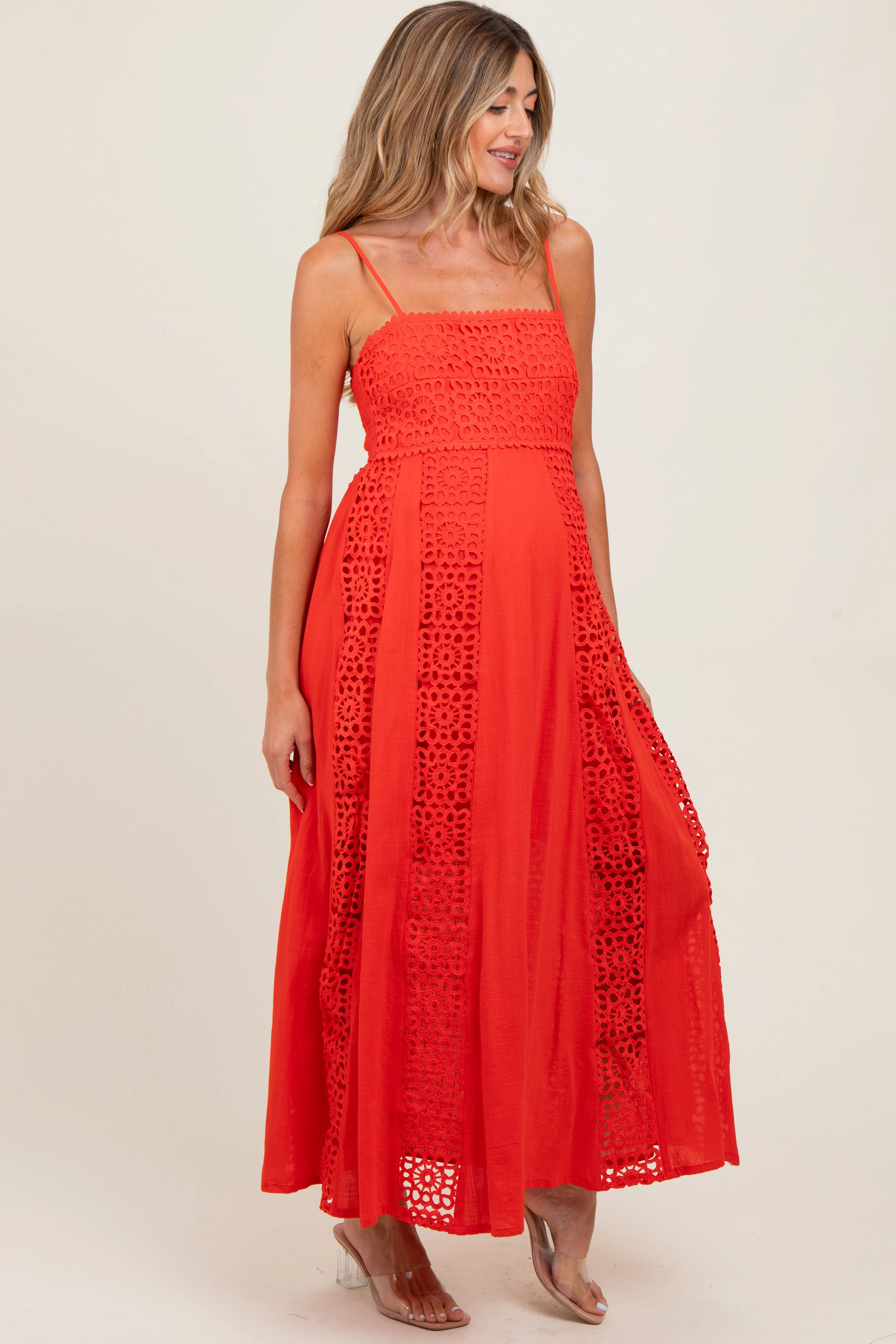Coral Red Crochet Lace Paneled Maternity Maxi Dress sold by Pinkblush product image thumbnail 3