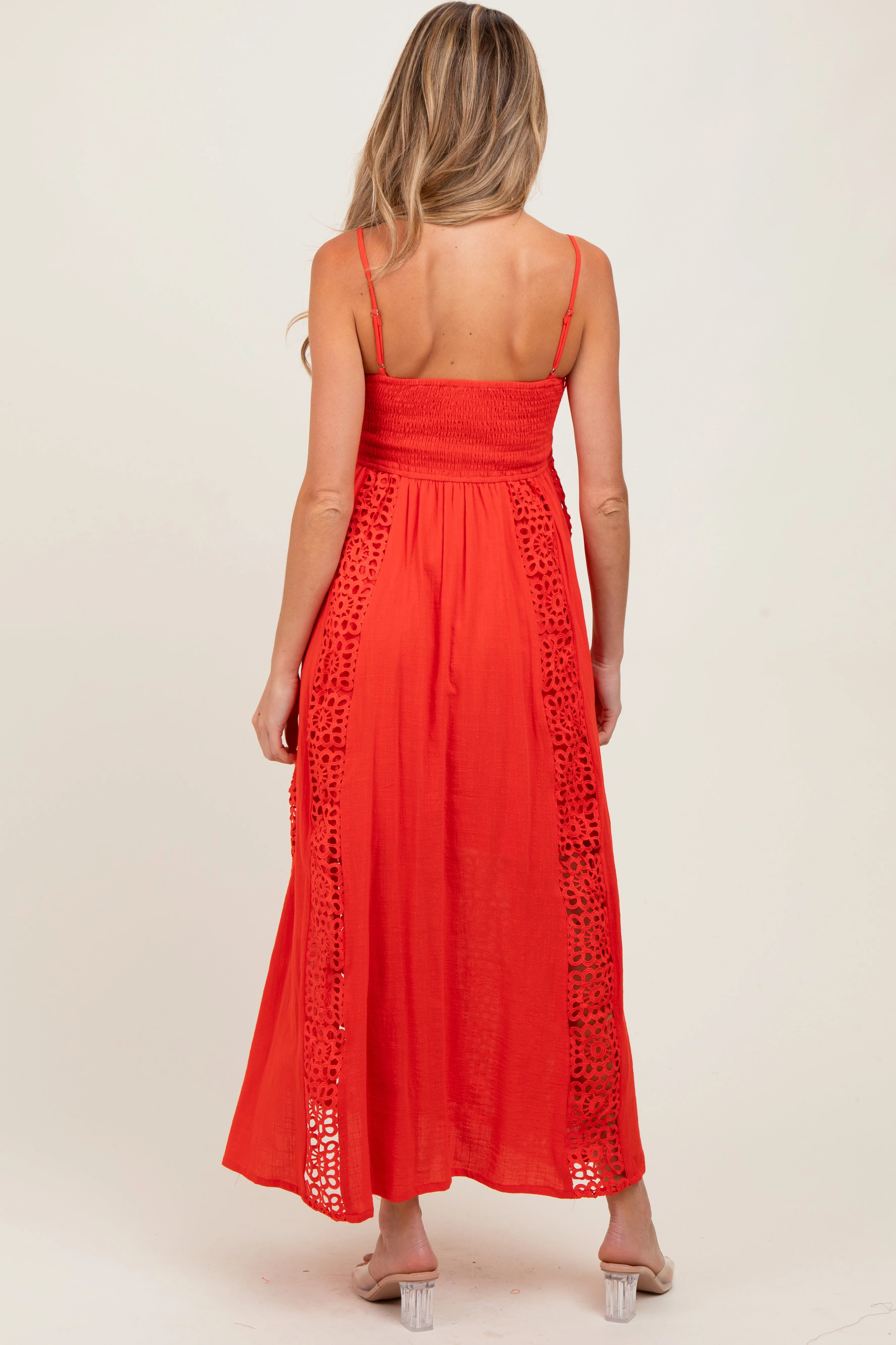 Coral Red Crochet Lace Paneled Maternity Maxi Dress sold by Pinkblush product image thumbnail 4