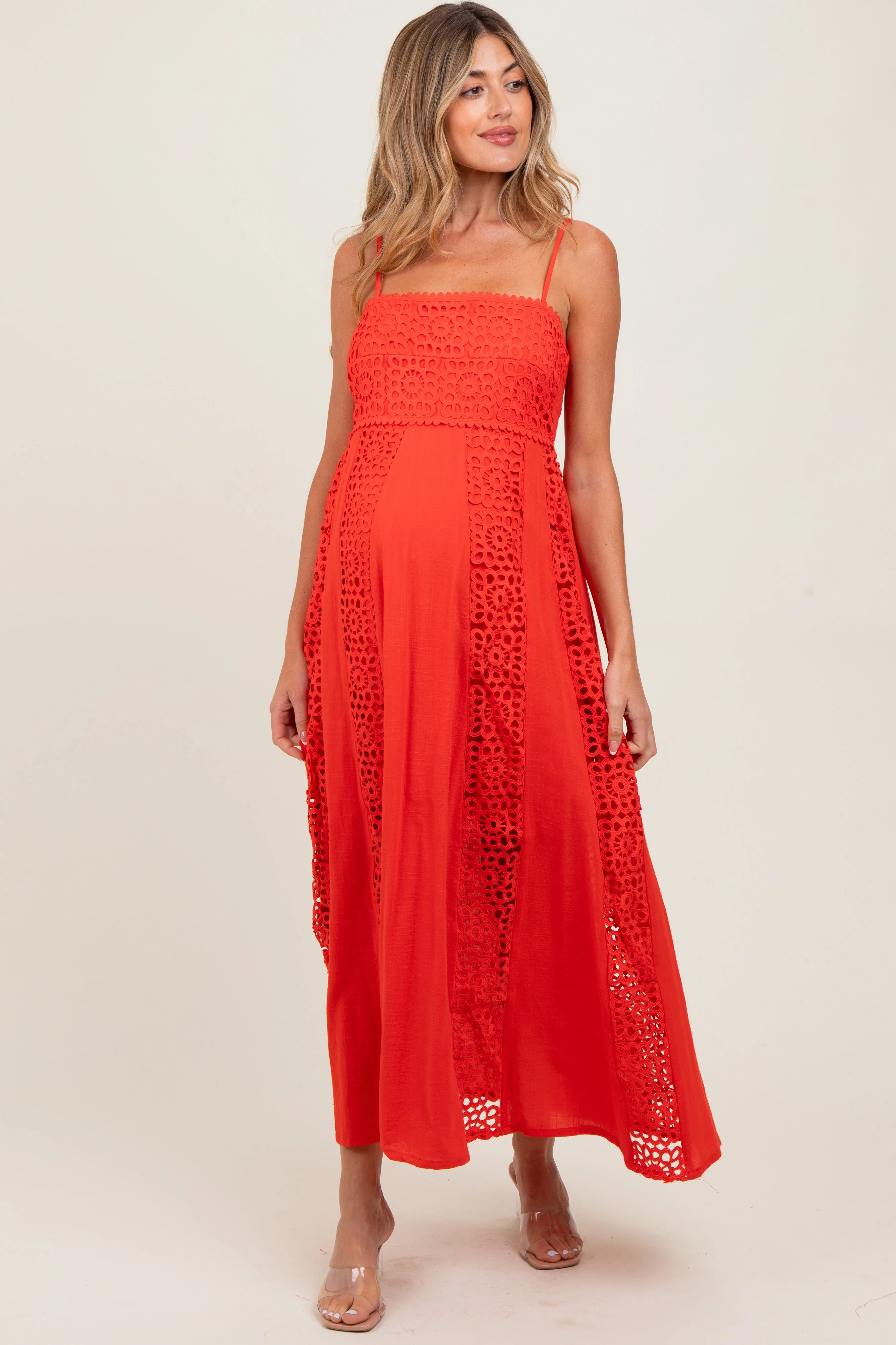 Coral Red Crochet Lace Paneled Maternity Maxi Dress sold by Pinkblush