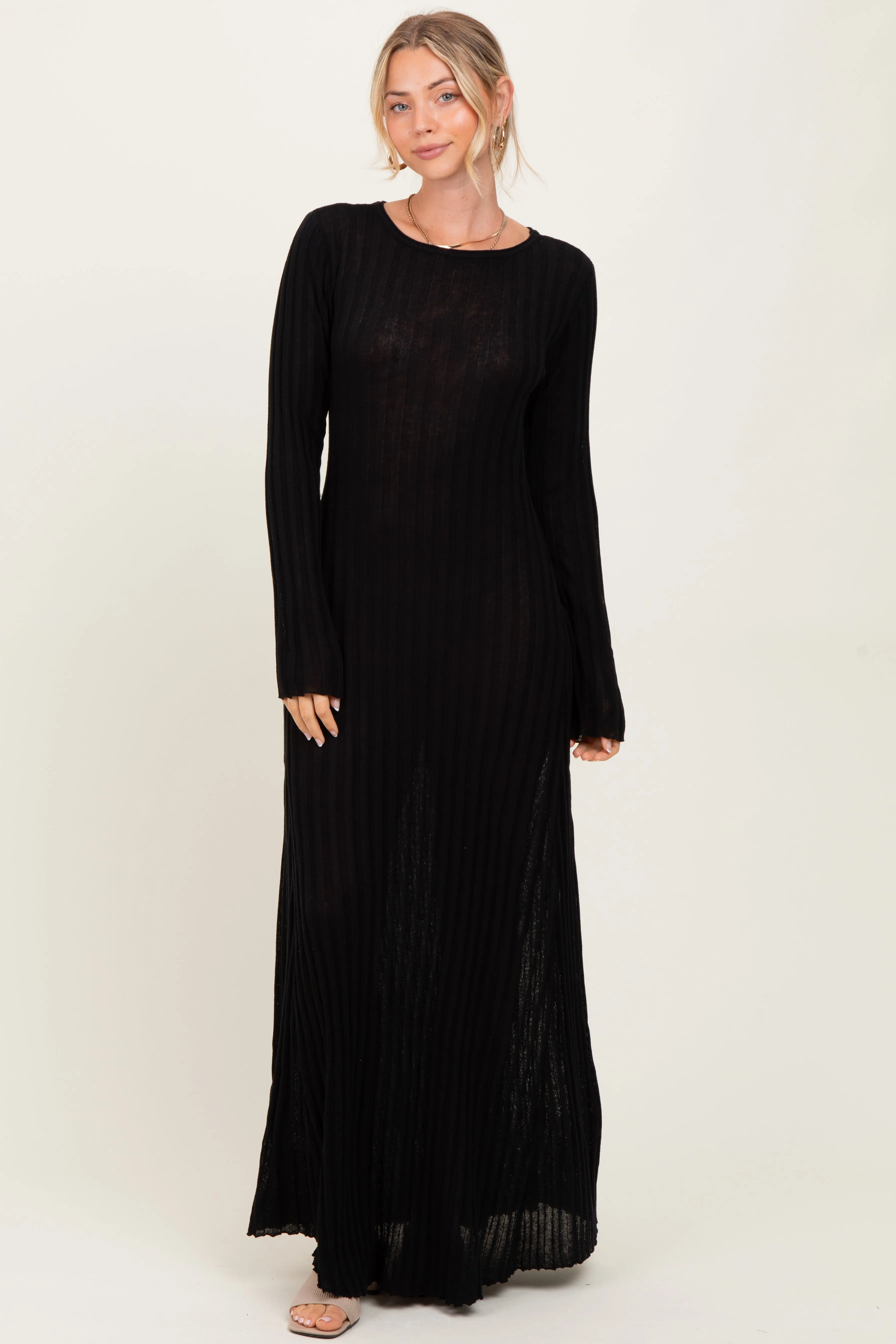 Black Ribbed Long Sleeve Maxi Dress sold by Pinkblush product image thumbnail 2