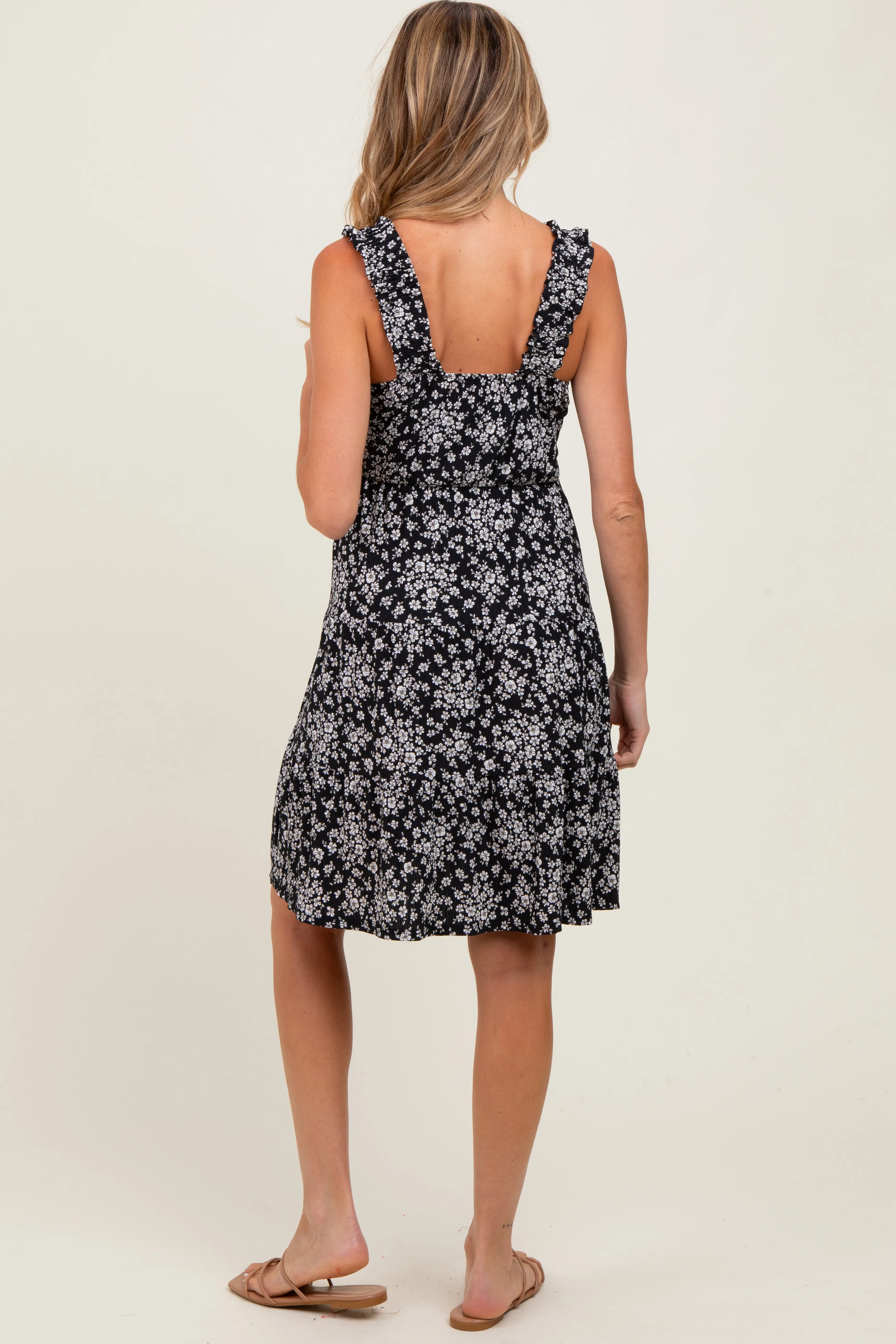 Black Floral Square Neck Ruffle Strap Tiered Maternity Dress sold by Pinkblush product image thumbnail 4