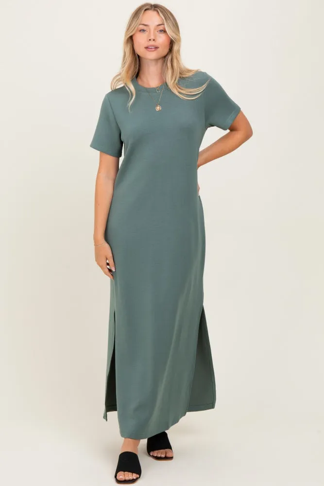 Light Olive Basic Side Slit Short Sleeve Midi Dress sold by Pinkblush product image thumbnail 2