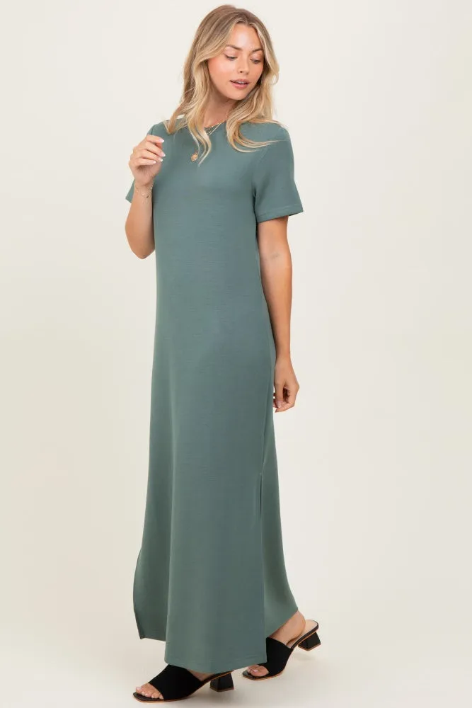 Light Olive Basic Side Slit Short Sleeve Midi Dress sold by Pinkblush product image thumbnail 3