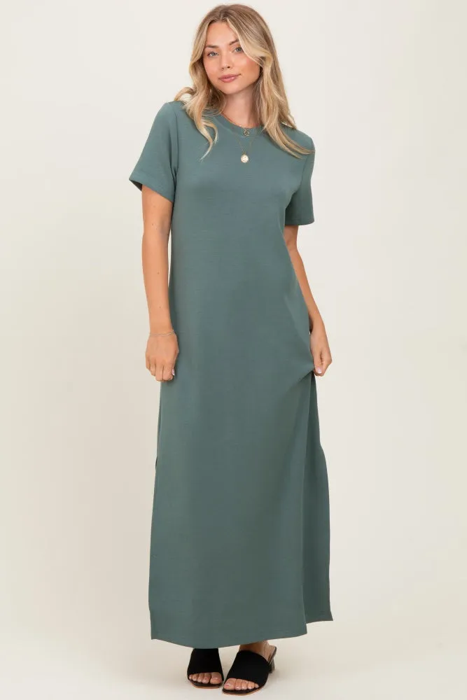 Light Olive Basic Side Slit Short Sleeve Midi Dress sold by Pinkblush