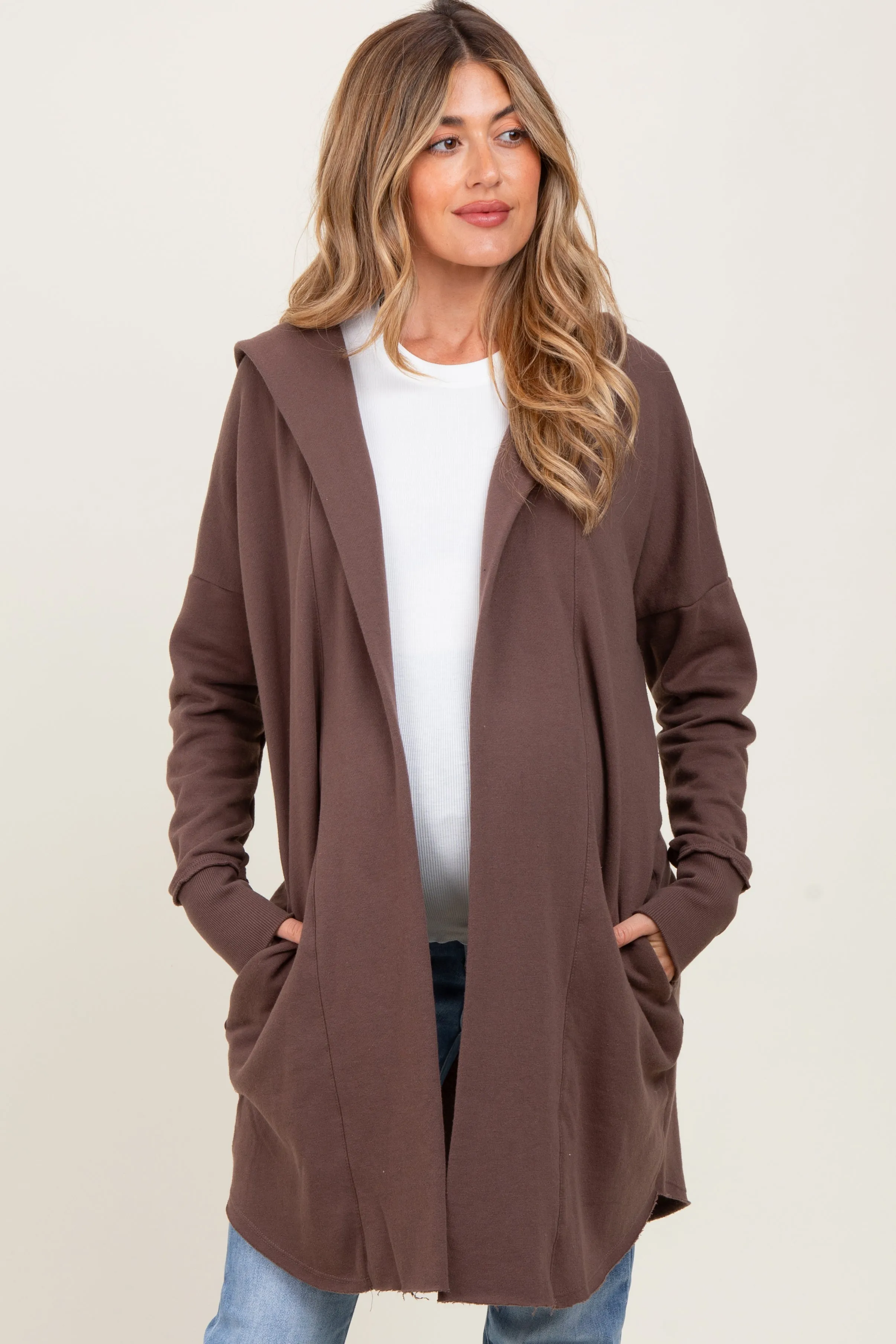 Mocha Hooded Long Maternity Cardigan sold by Pinkblush