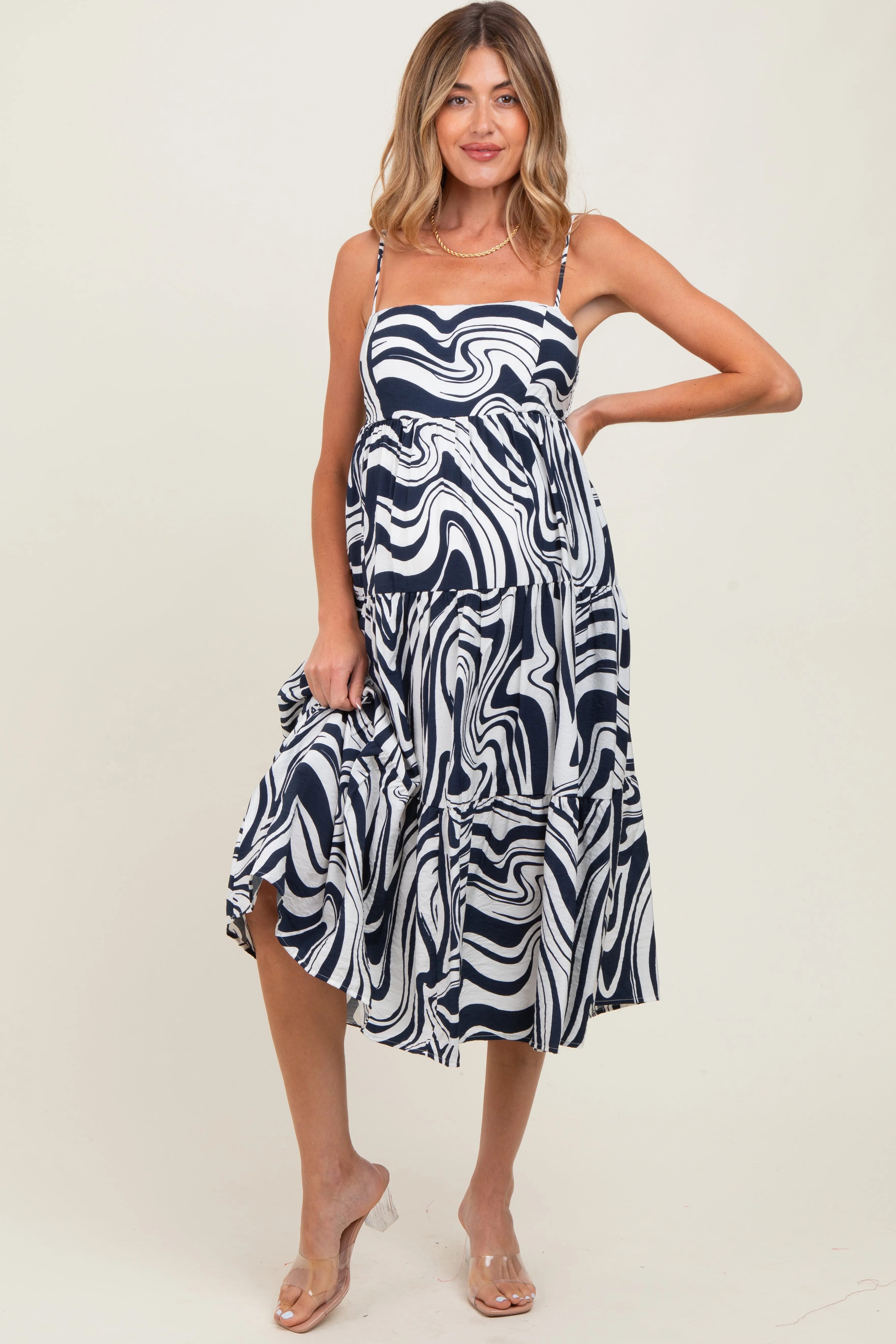 Navy Printed Tiered Sleeveless Maternity Midi Dress sold by Pinkblush product image thumbnail 2