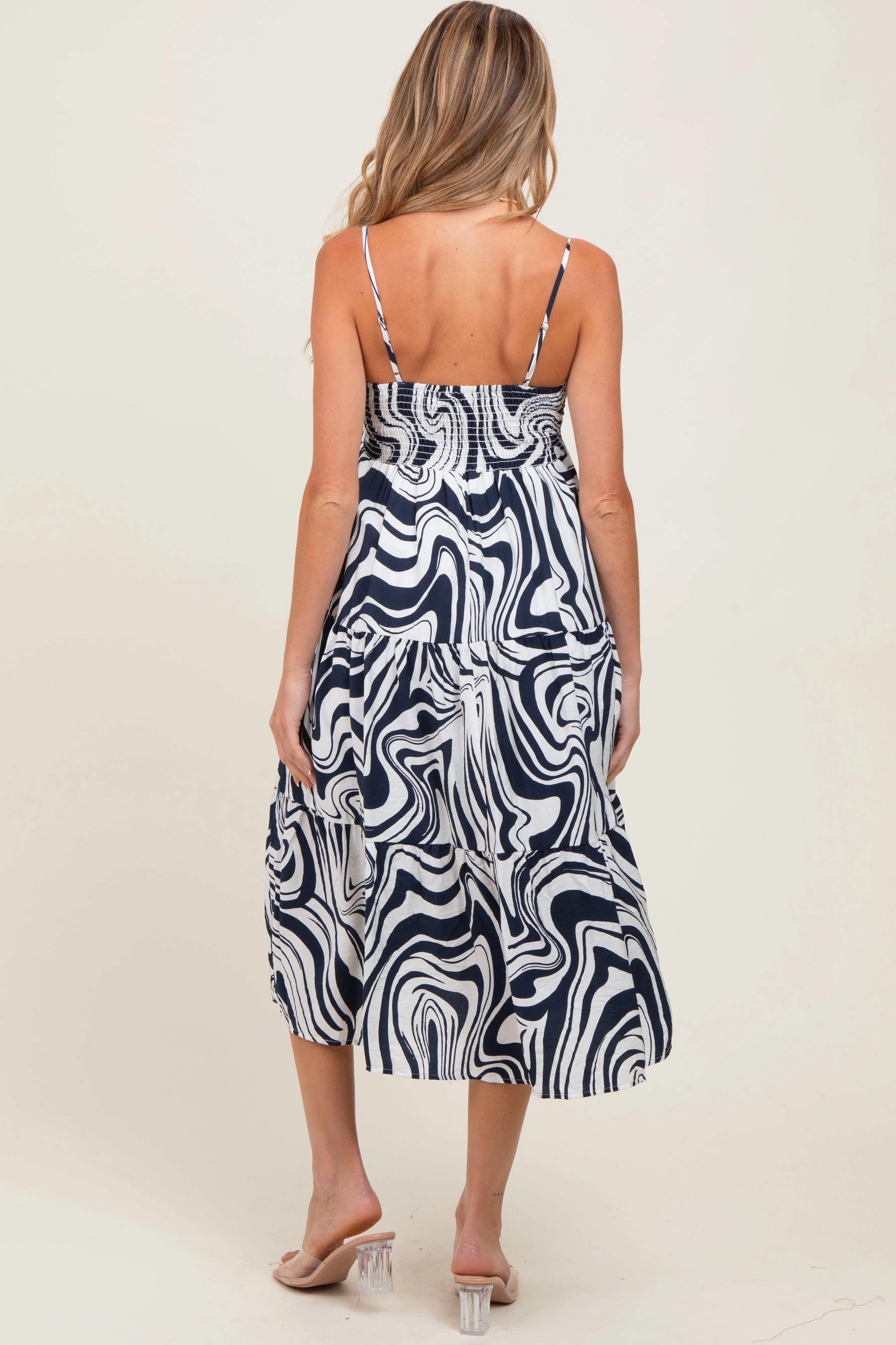 Navy Printed Tiered Sleeveless Maternity Midi Dress sold by Pinkblush product image thumbnail 3