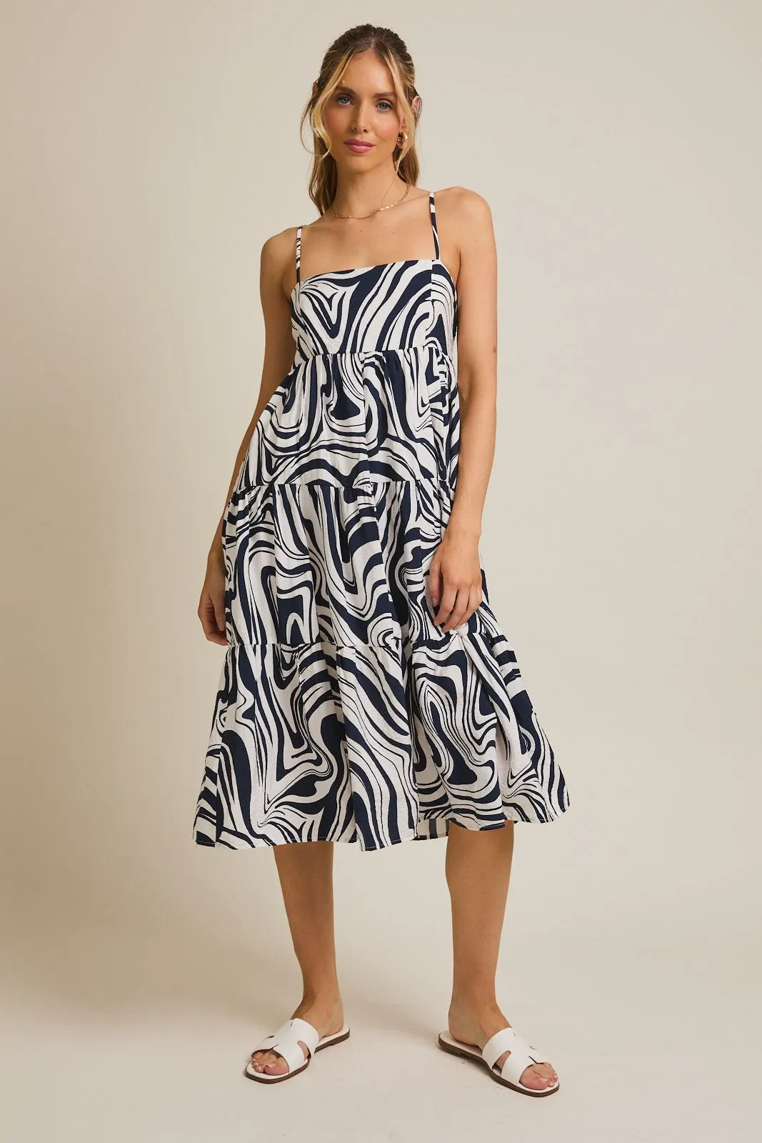 Navy Printed Tiered Sleeveless Maternity Midi Dress sold by Pinkblush product image thumbnail 4