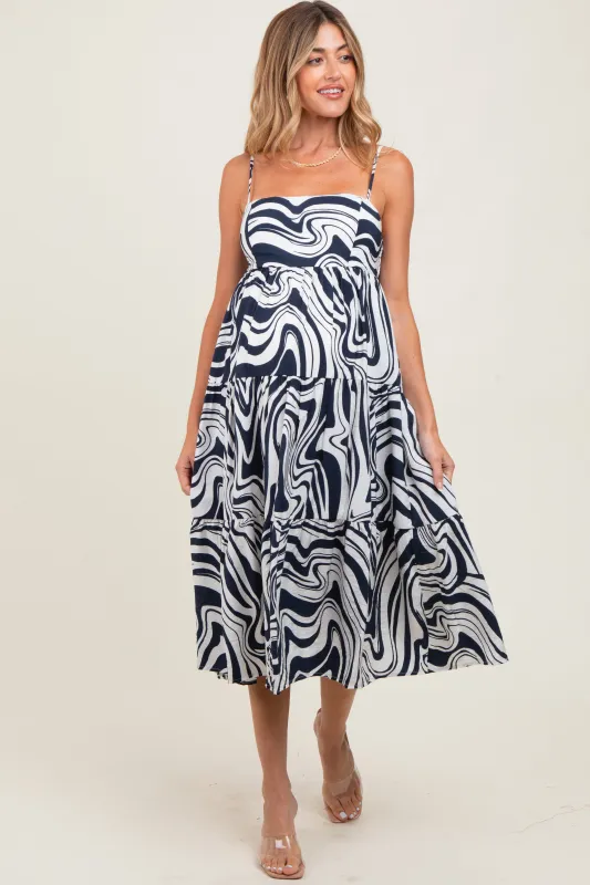 Navy Printed Tiered Sleeveless Maternity Midi Dress made by Gilli