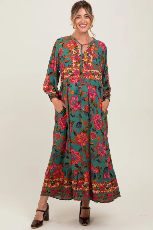 Forest Green Floral Tassel Tie Long Sleeve Maternity Maxi Dress sold by Pinkblush