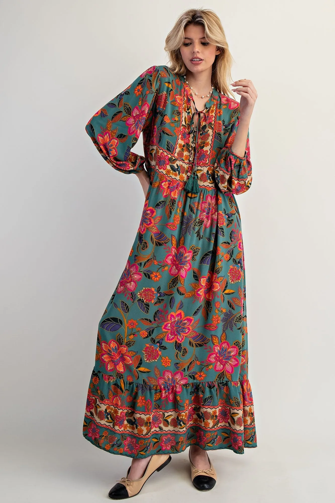 Forest Green Floral Tassel Tie Long Sleeve Maternity Maxi Dress sold by Pinkblush product image thumbnail 4