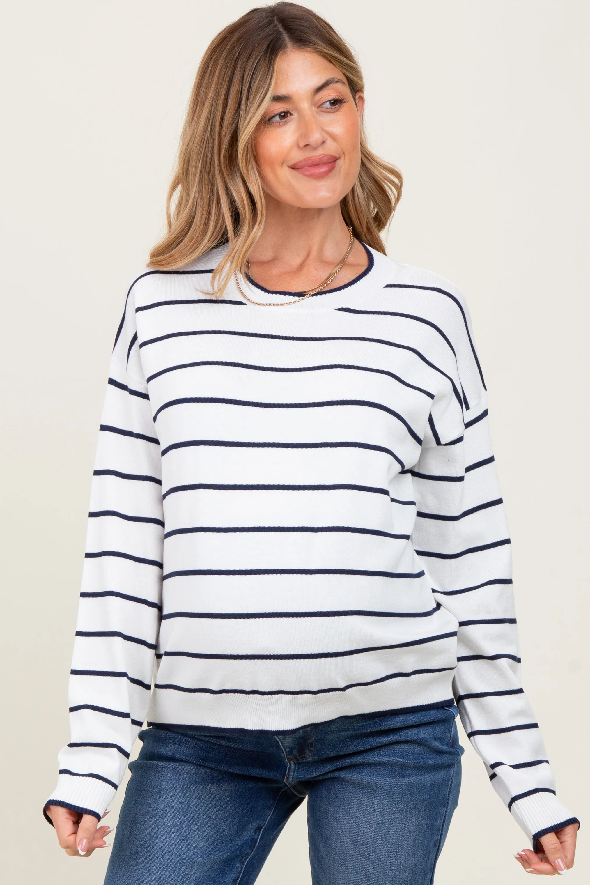 White Striped Drop Shoulder Maternity Sweater sold by Pinkblush