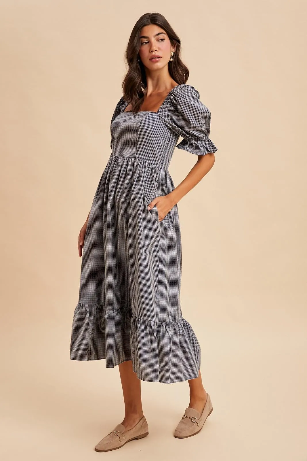 Navy Gingham Square Neck Midi Dress sold by Pinkblush product image thumbnail 3
