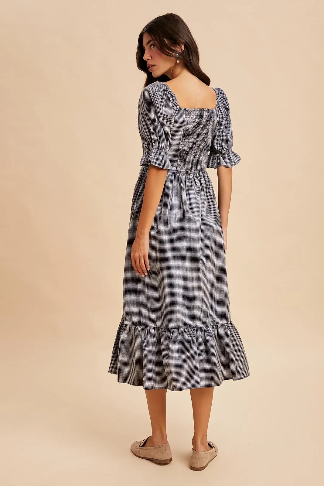 Navy Gingham Square Neck Midi Dress sold by Pinkblush product image thumbnail 4