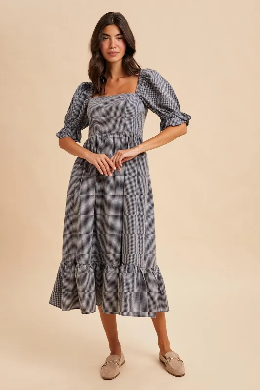 Navy Gingham Square Neck Midi Dress sold by Pinkblush