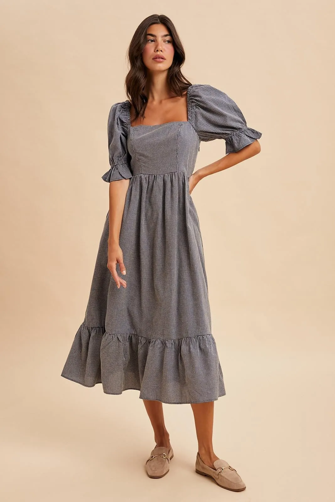 Navy Gingham Square Neck Midi Dress sold by Pinkblush product image thumbnail 2