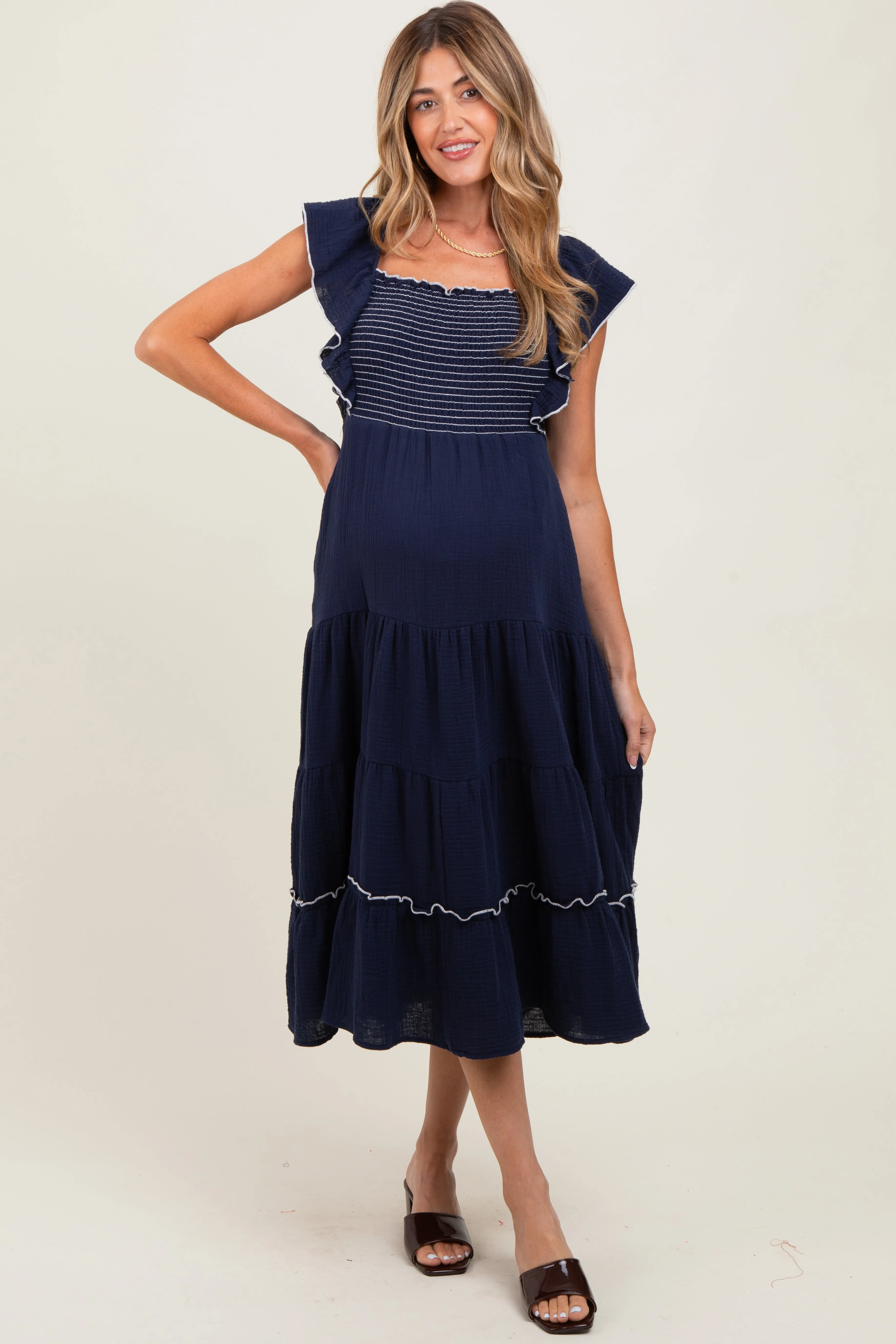 Navy Smocked Ruffle Sleeve Maternity Midi Dress sold by Pinkblush product image thumbnail 2