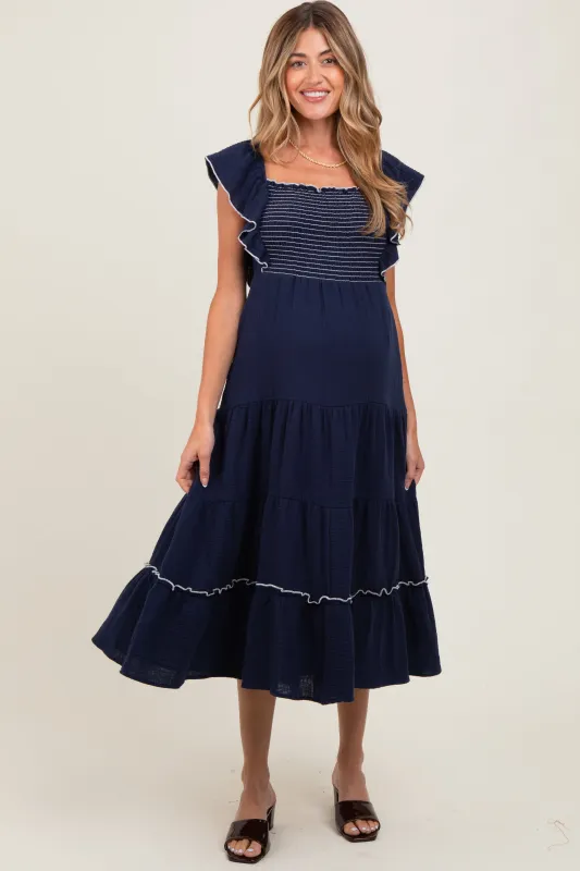 Navy Smocked Ruffle Sleeve Maternity Midi Dress sold by Pinkblush