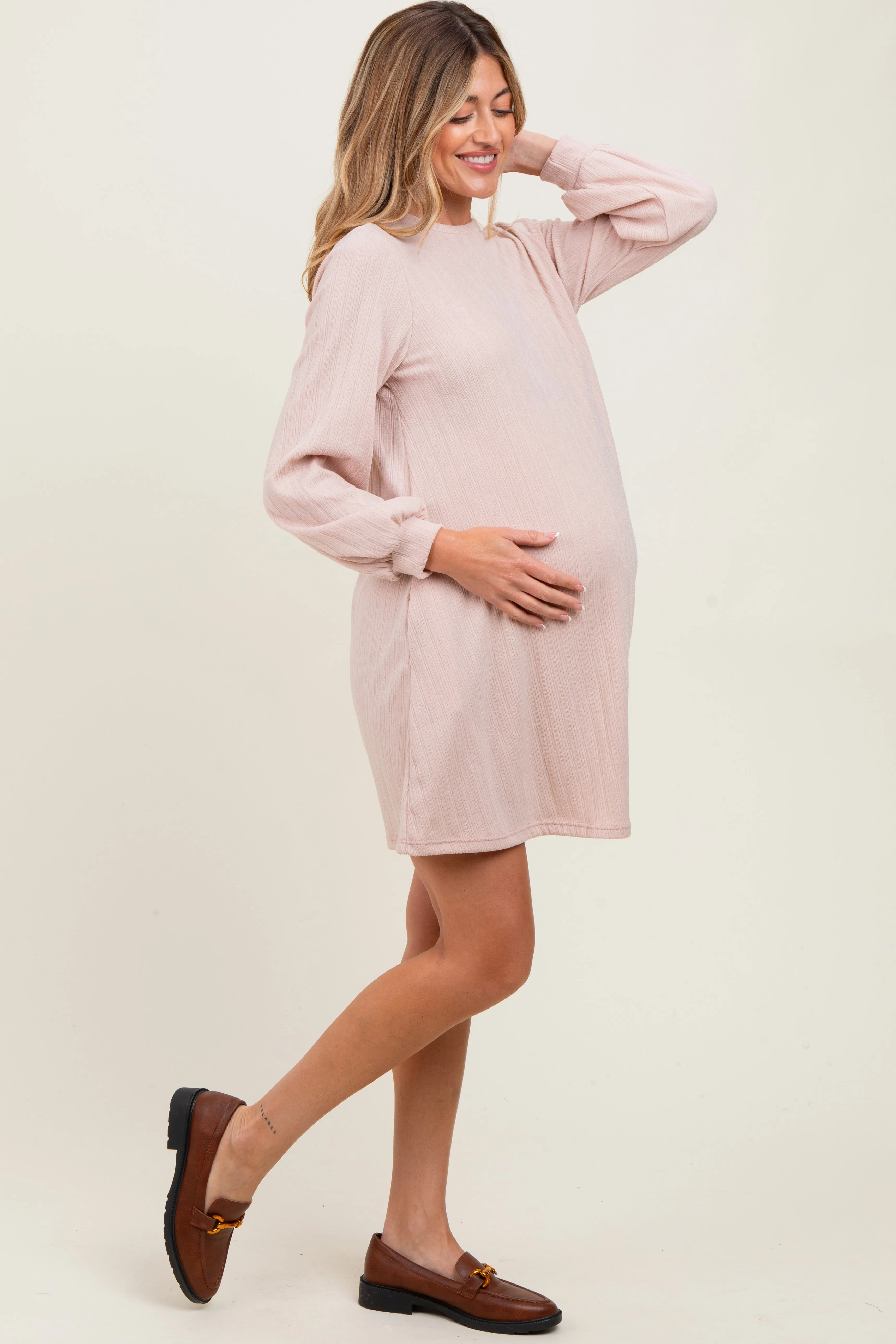 Light Pink Ribbed Mock Neck Bubble Sleeve Maternity Dress sold by Pinkblush product image thumbnail 3