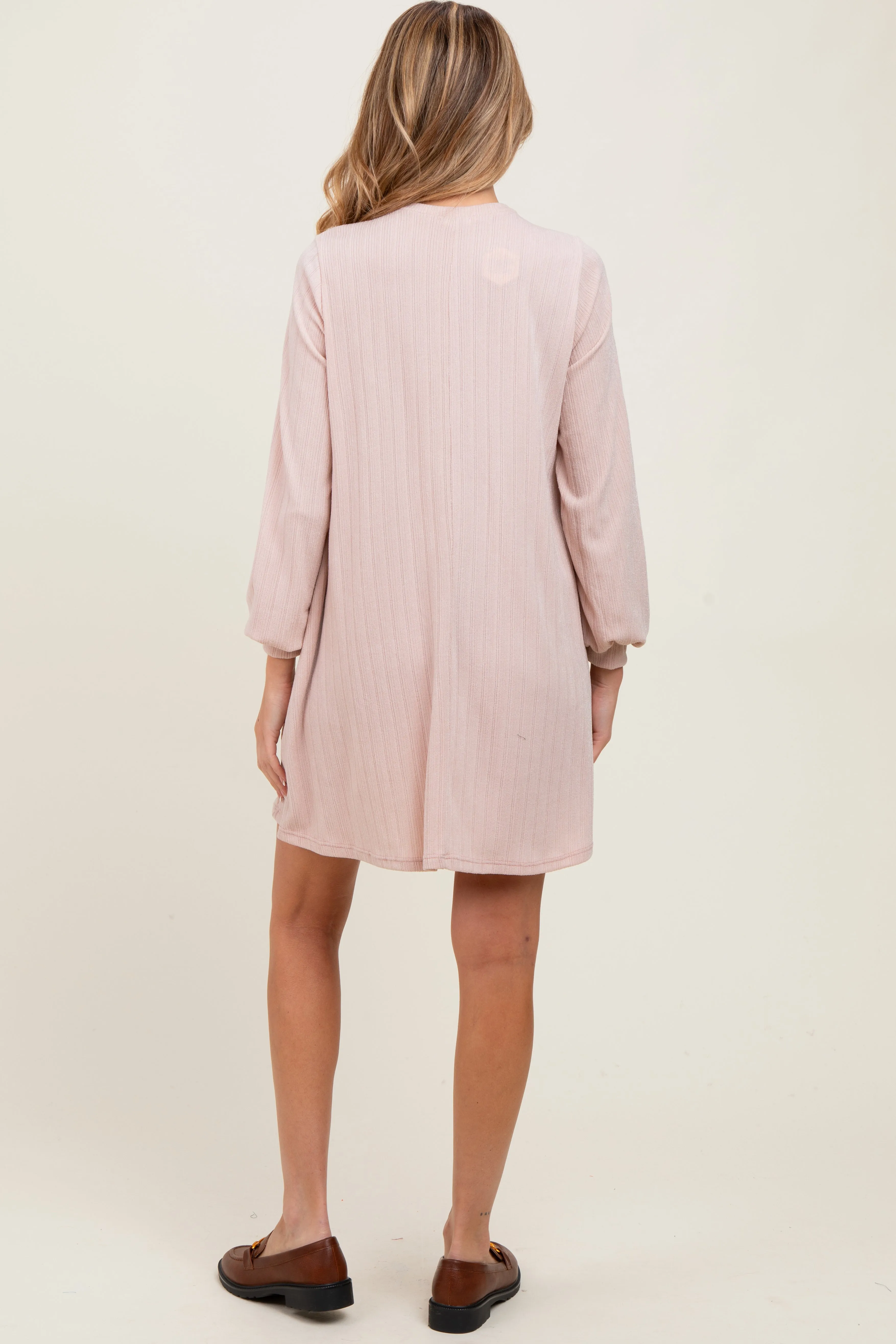 Light Pink Ribbed Mock Neck Bubble Sleeve Maternity Dress sold by Pinkblush product image thumbnail 4