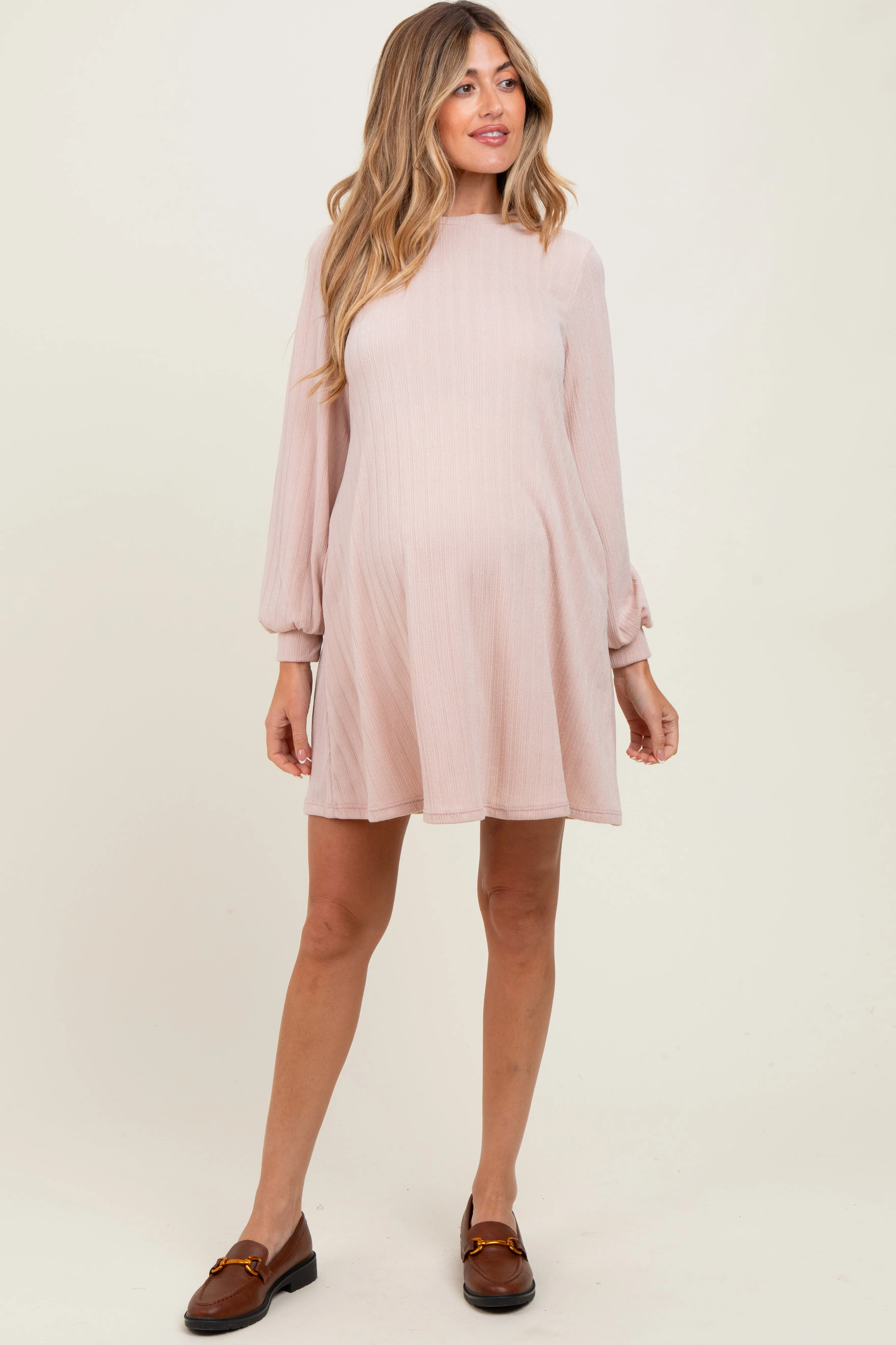 Light Pink Ribbed Mock Neck Bubble Sleeve Maternity Dress sold by Pinkblush