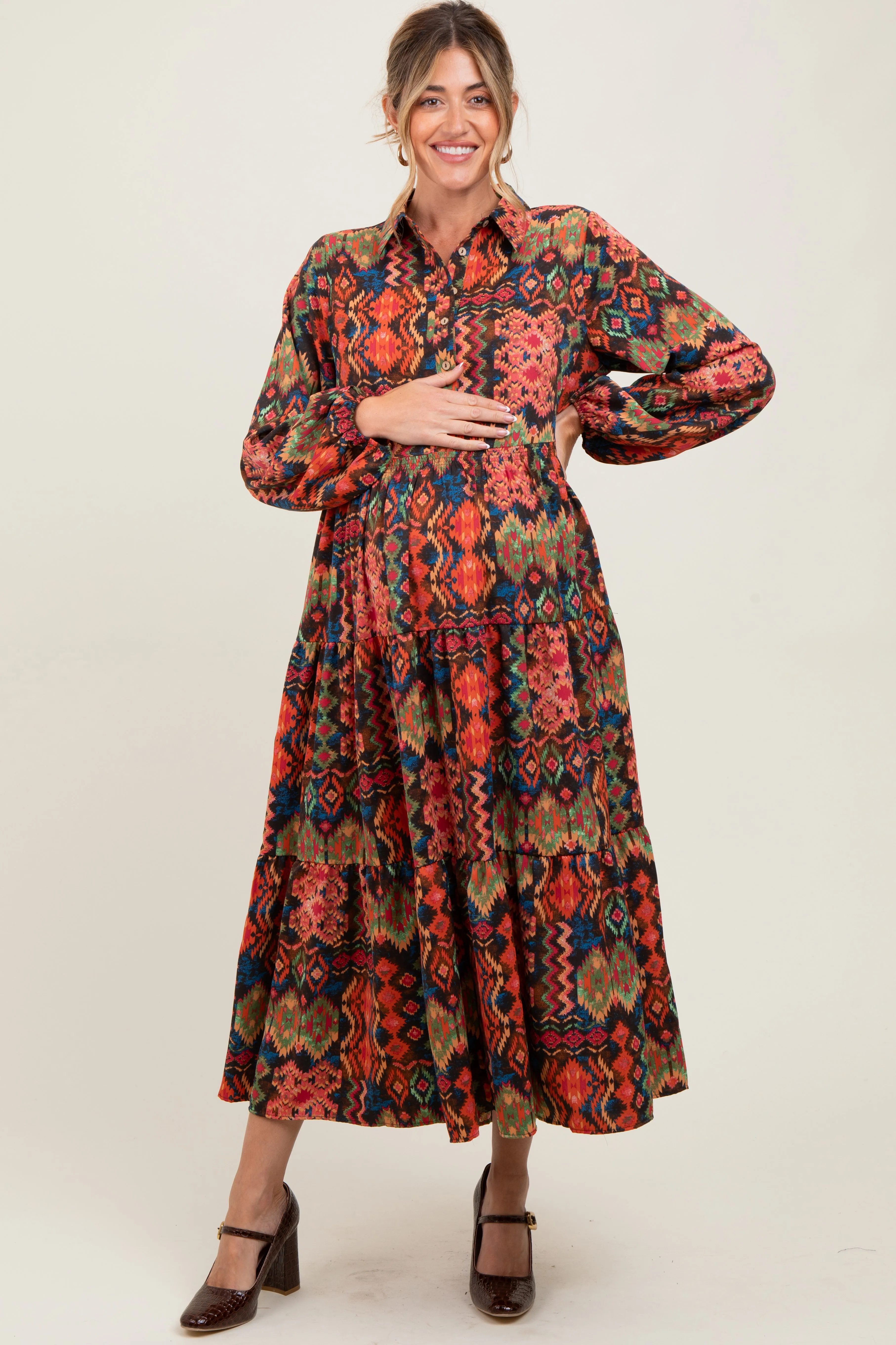 Black Printed Button Detail Tiered Maternity Midi Dress sold by Pinkblush product image thumbnail 2