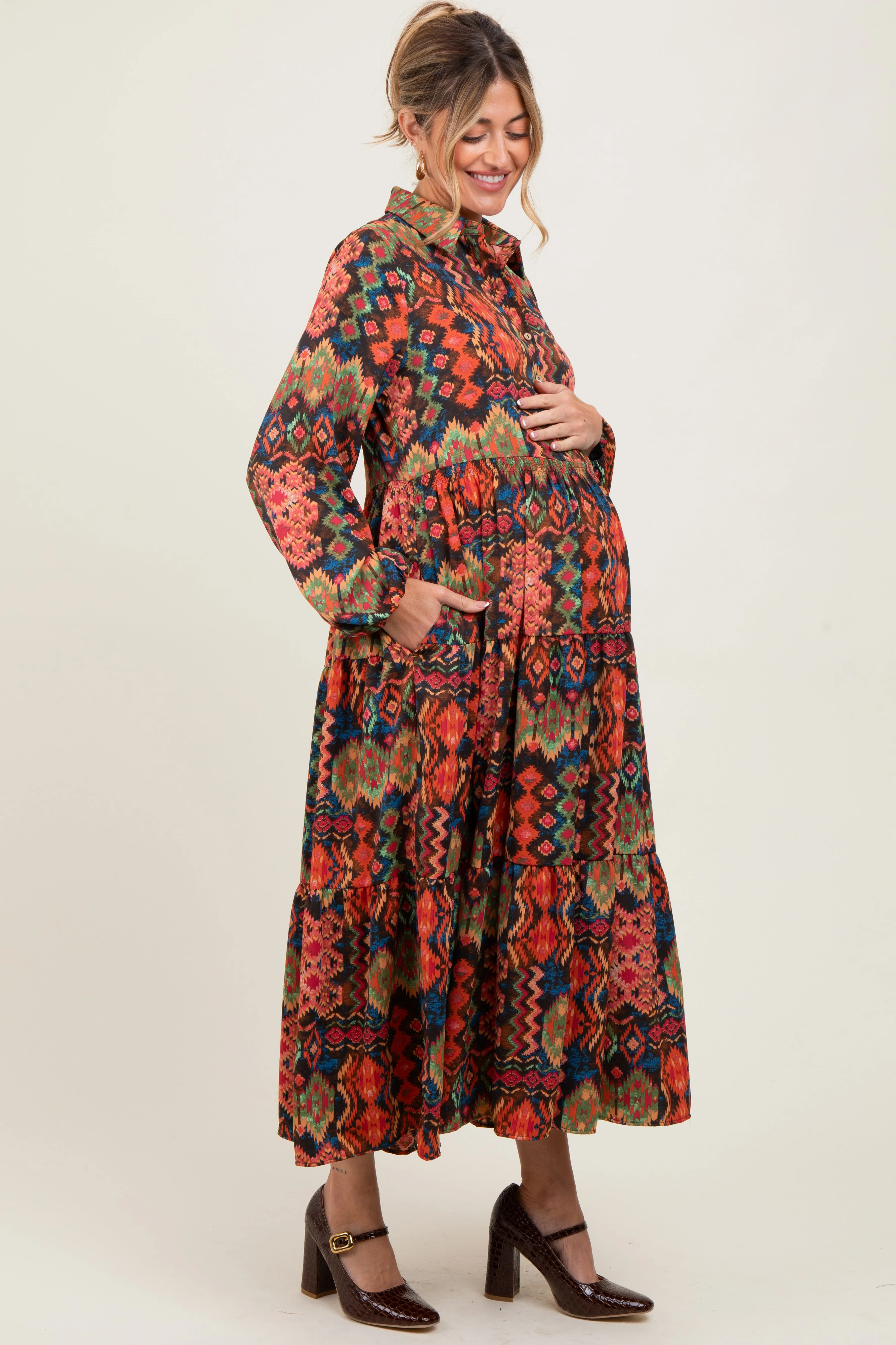 Black Printed Button Detail Tiered Maternity Midi Dress sold by Pinkblush product image thumbnail 3