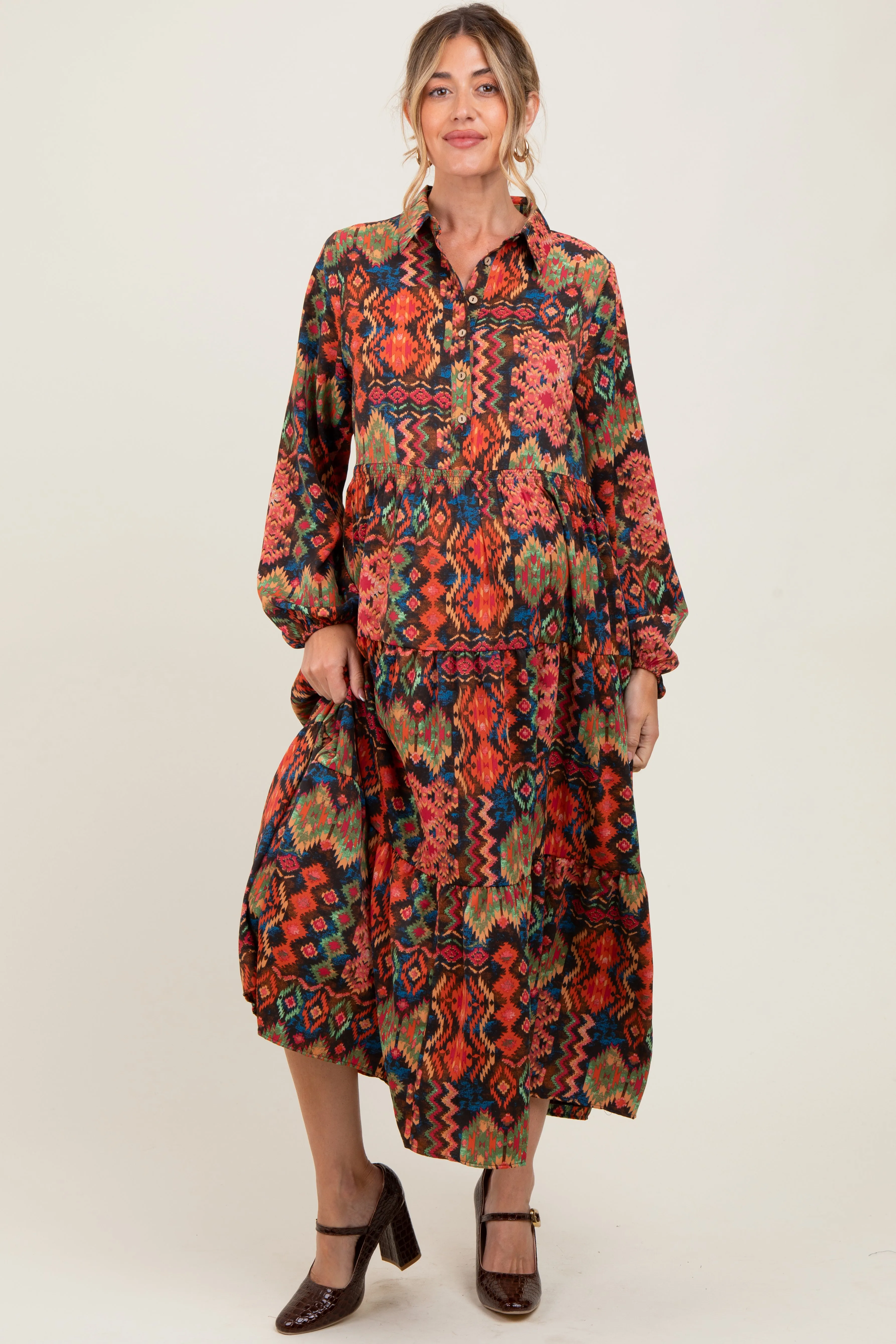 Black Printed Button Detail Tiered Maternity Midi Dress sold by Pinkblush