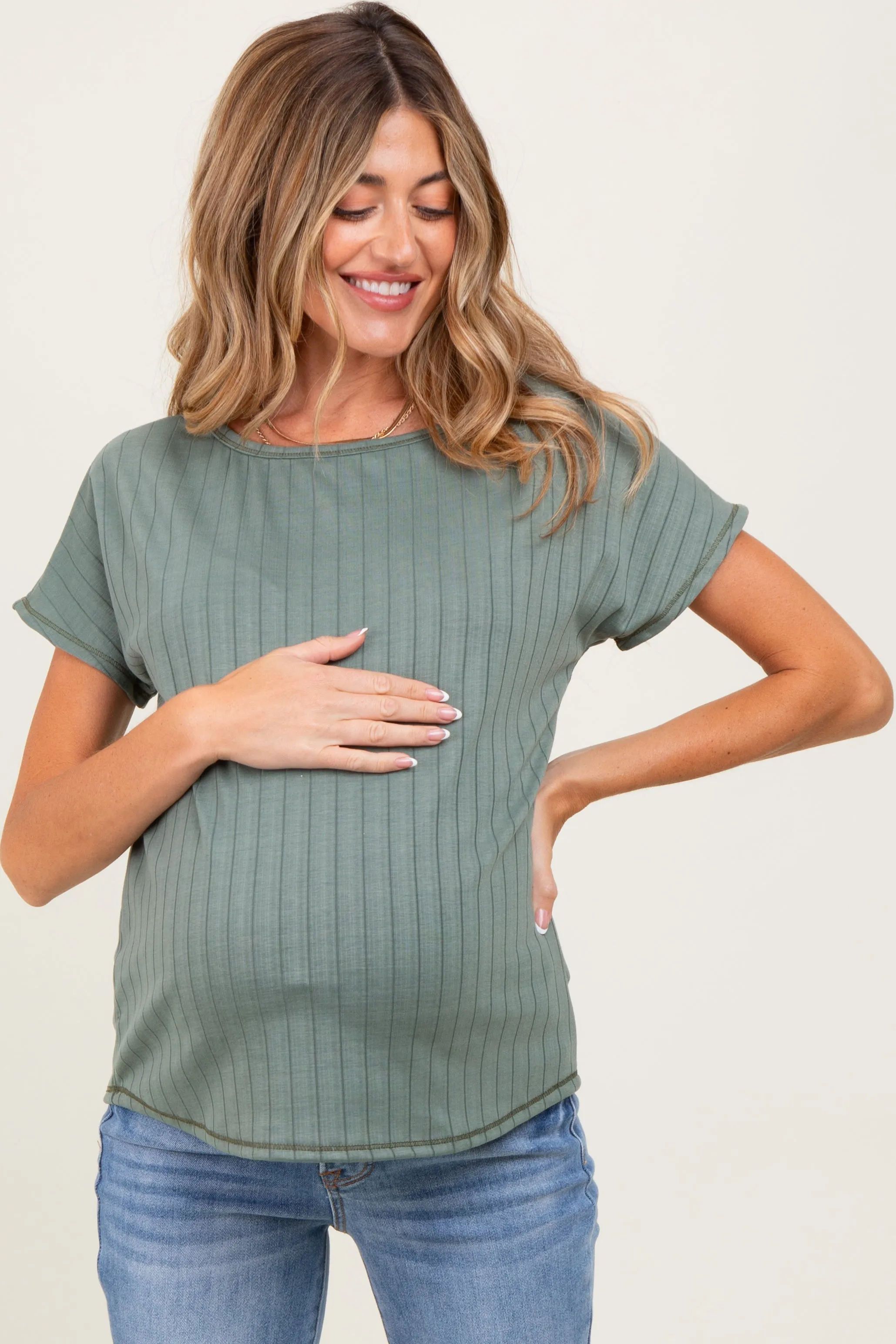 Olive Ribbed Relaxed Maternity Tee sold by Pinkblush product image thumbnail 2