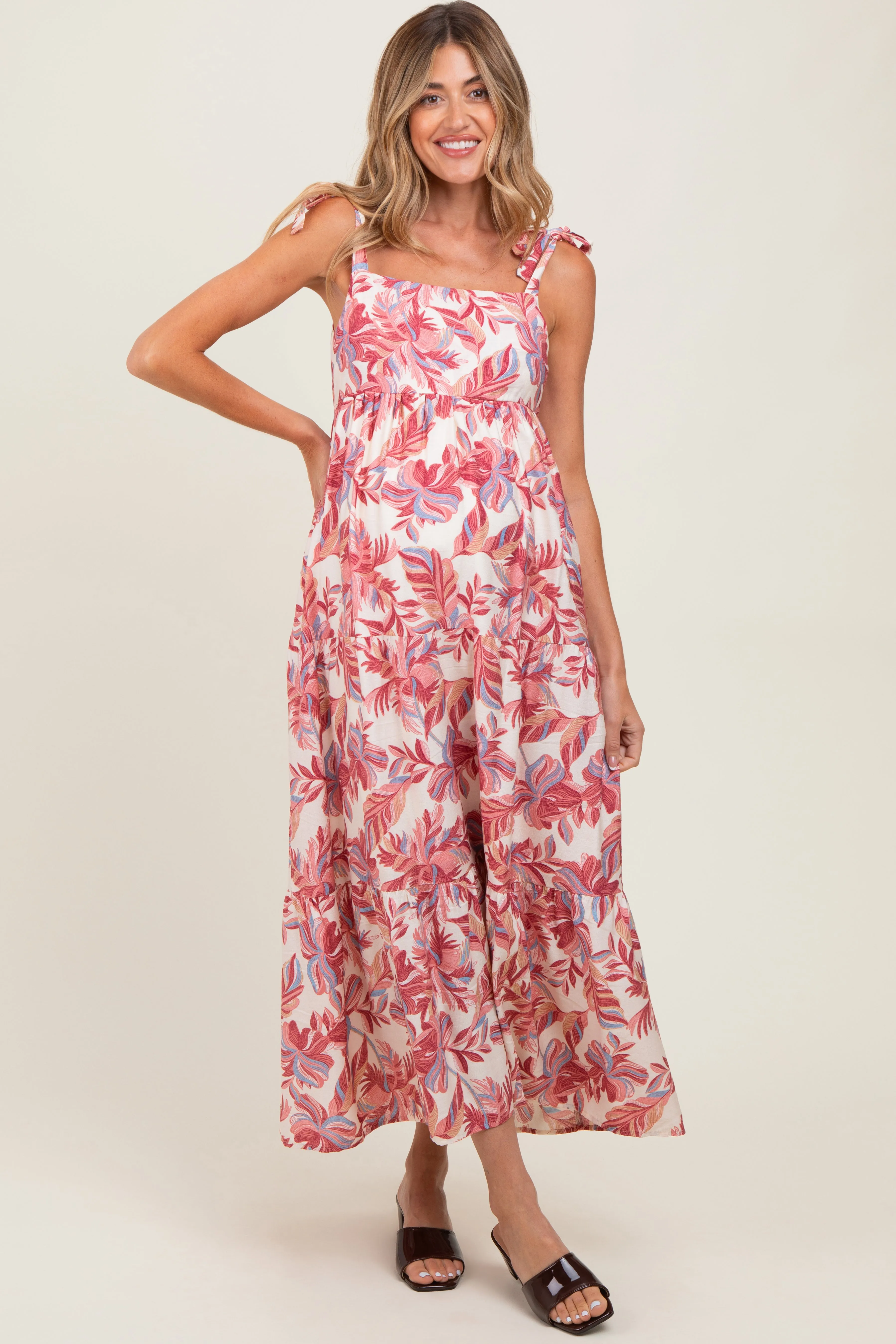 Mauve Floral Shoulder Tie Maternity Midi Dress sold by Pinkblush product image thumbnail 2