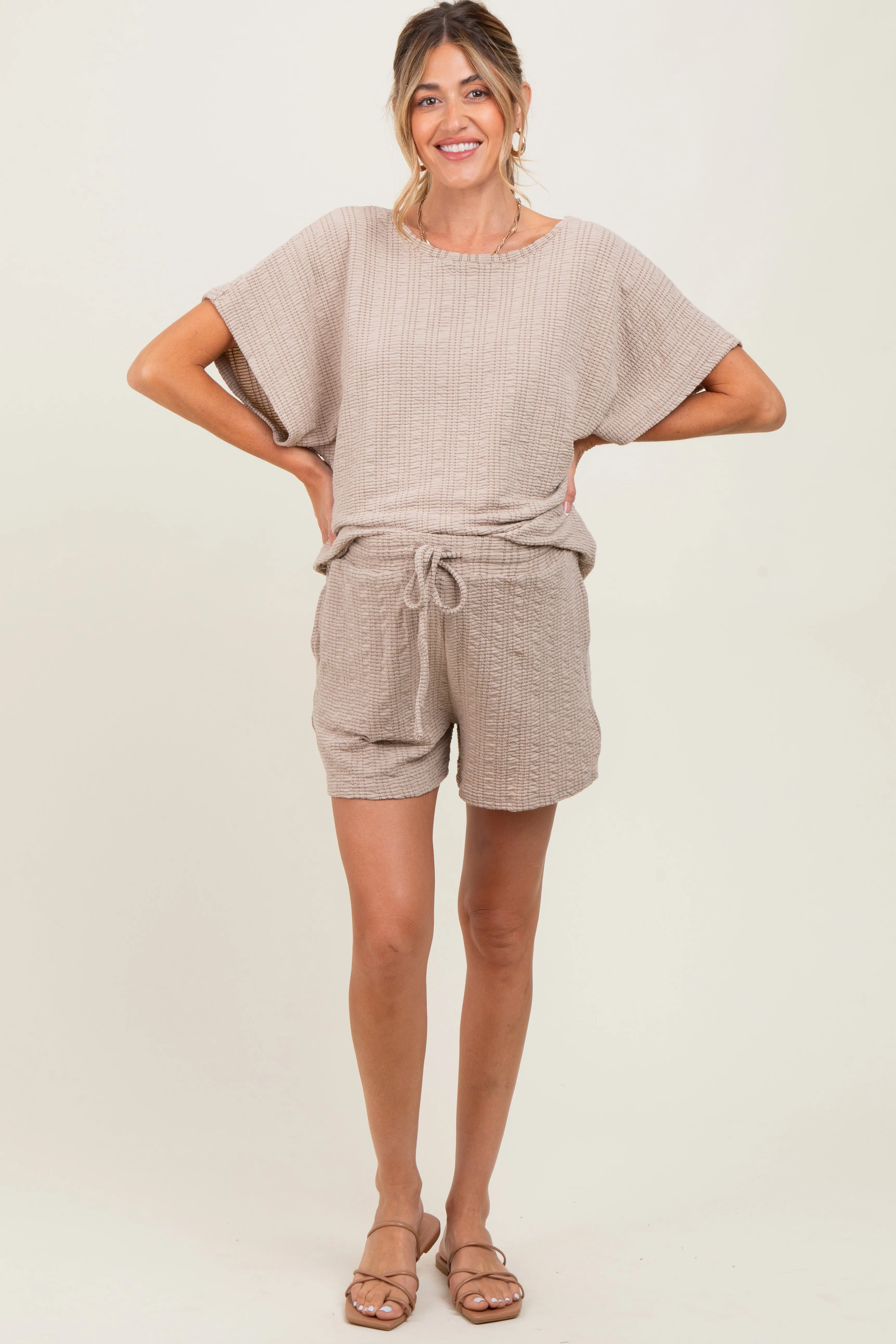 Taupe Textured Knit Dolman Sleeve Top Shorts Maternity Set sold by Pinkblush product image thumbnail 2