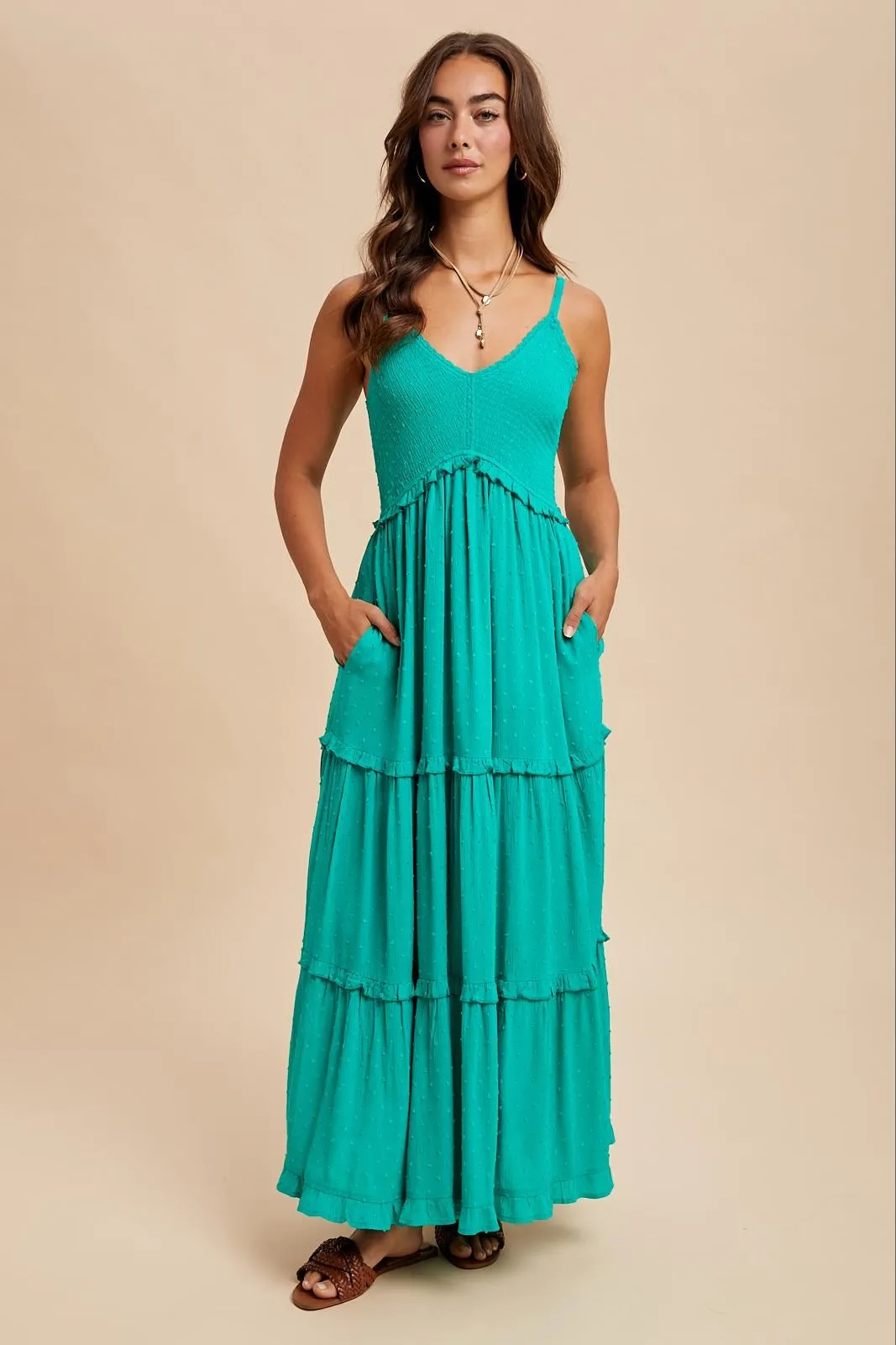 Emerald Swiss Dot Smocked Sleeveless Maternity Maxi Dress sold by Pinkblush product image thumbnail 3